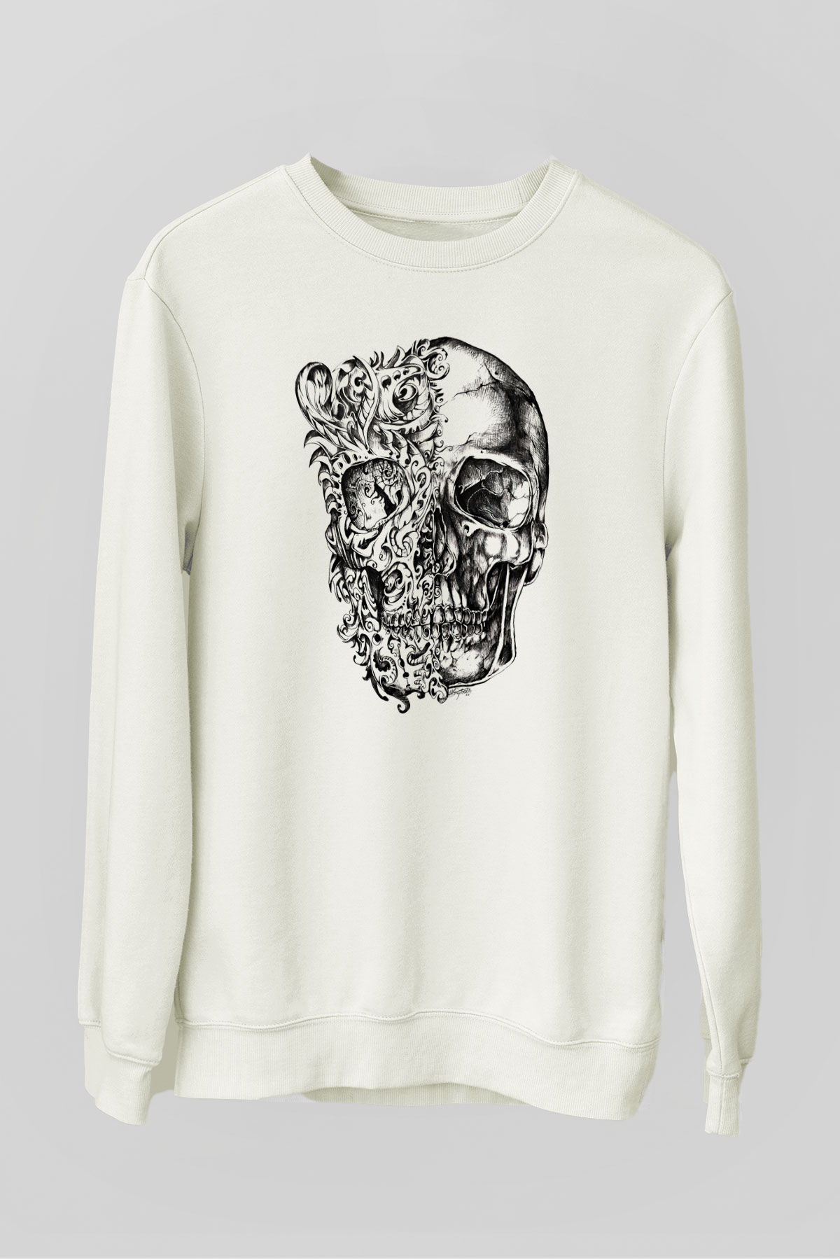 Etnik Desenli Kurukafa Baskılı Beyaz  Sweatshirt