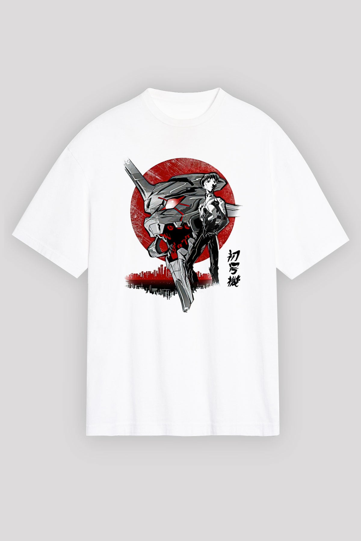Evangelion Baskılı Beyaz Unisex Oversize Tişört - Tshirt