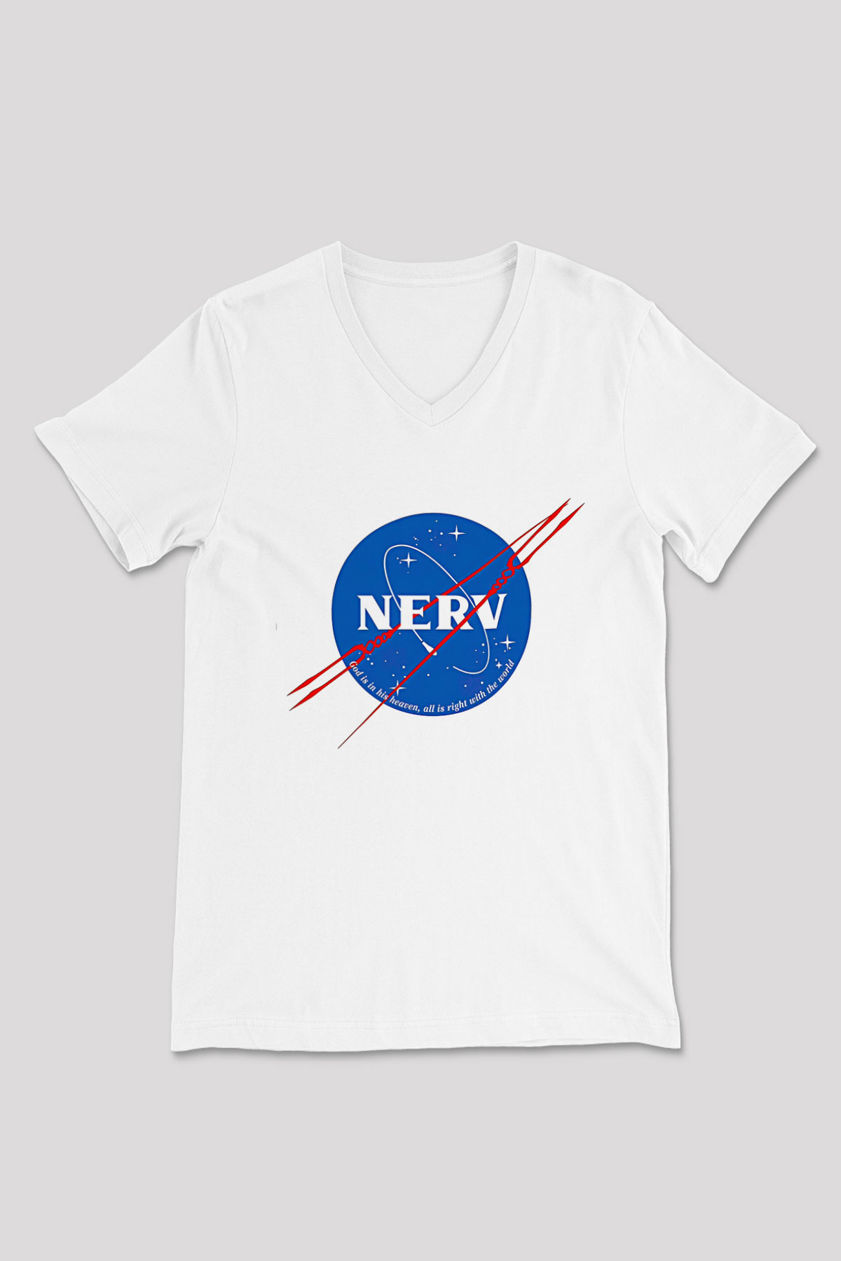 Evangelion Baskılı Beyaz Unisex V Yaka Tişört - Tshirt