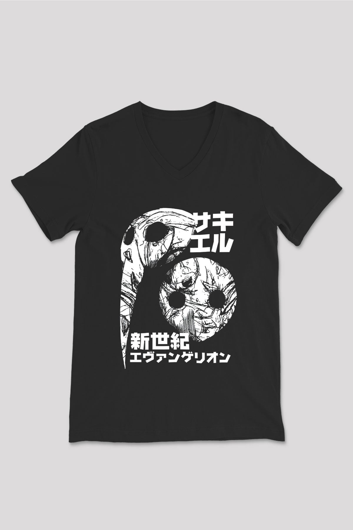 Evangelion Baskılı Unisex Siyah V Yaka Tişört - Tshirt