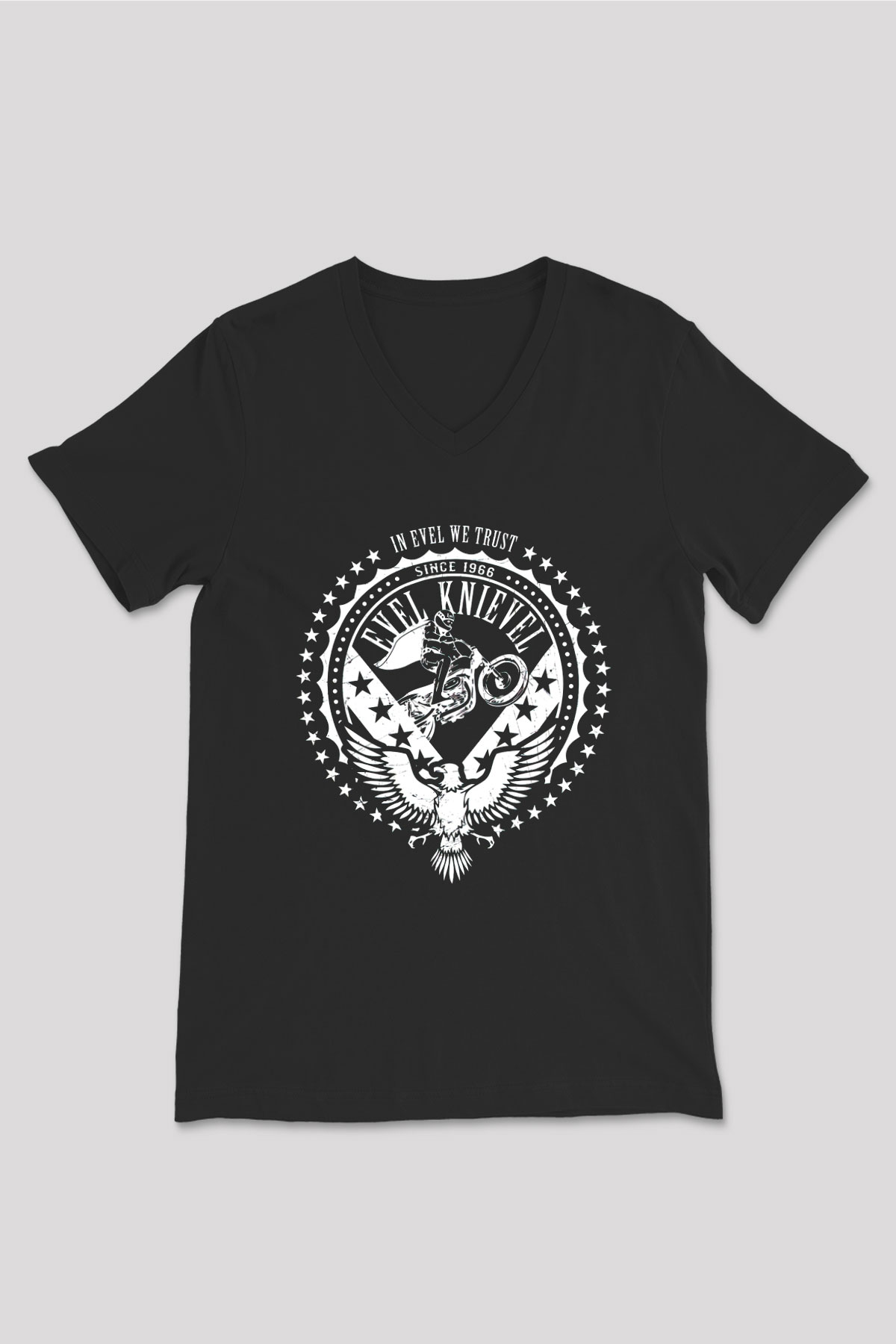 Evel Knievel Siyah Unisex  V Yaka Tişört