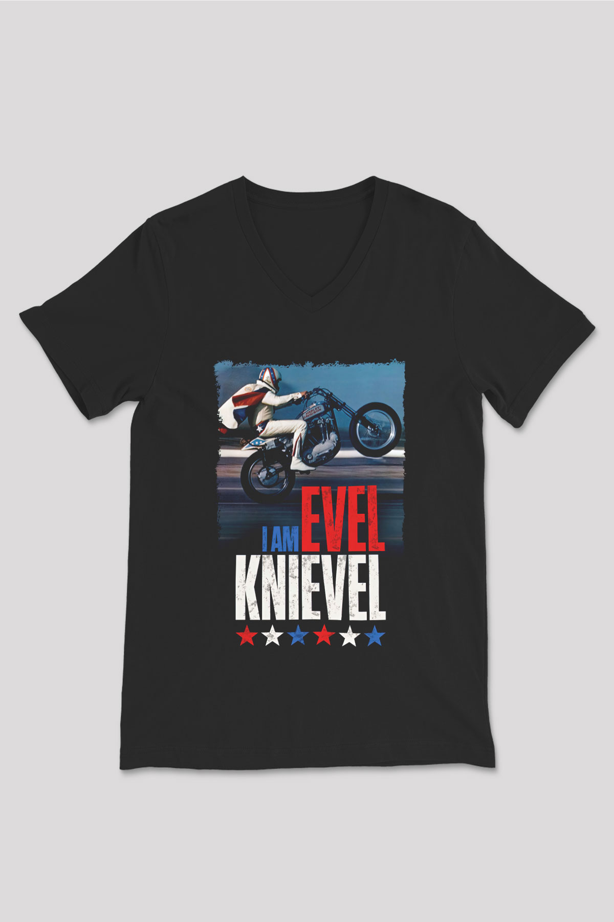 Evel Knievel Siyah Unisex  V Yaka Tişört