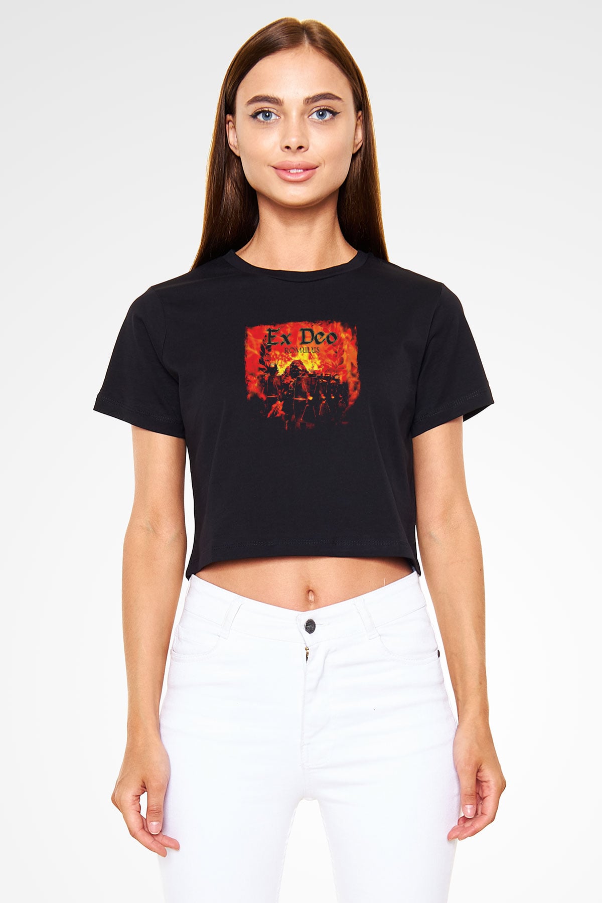 Ex Deo Baskılı Unisex Siyah Crop Top Tişört