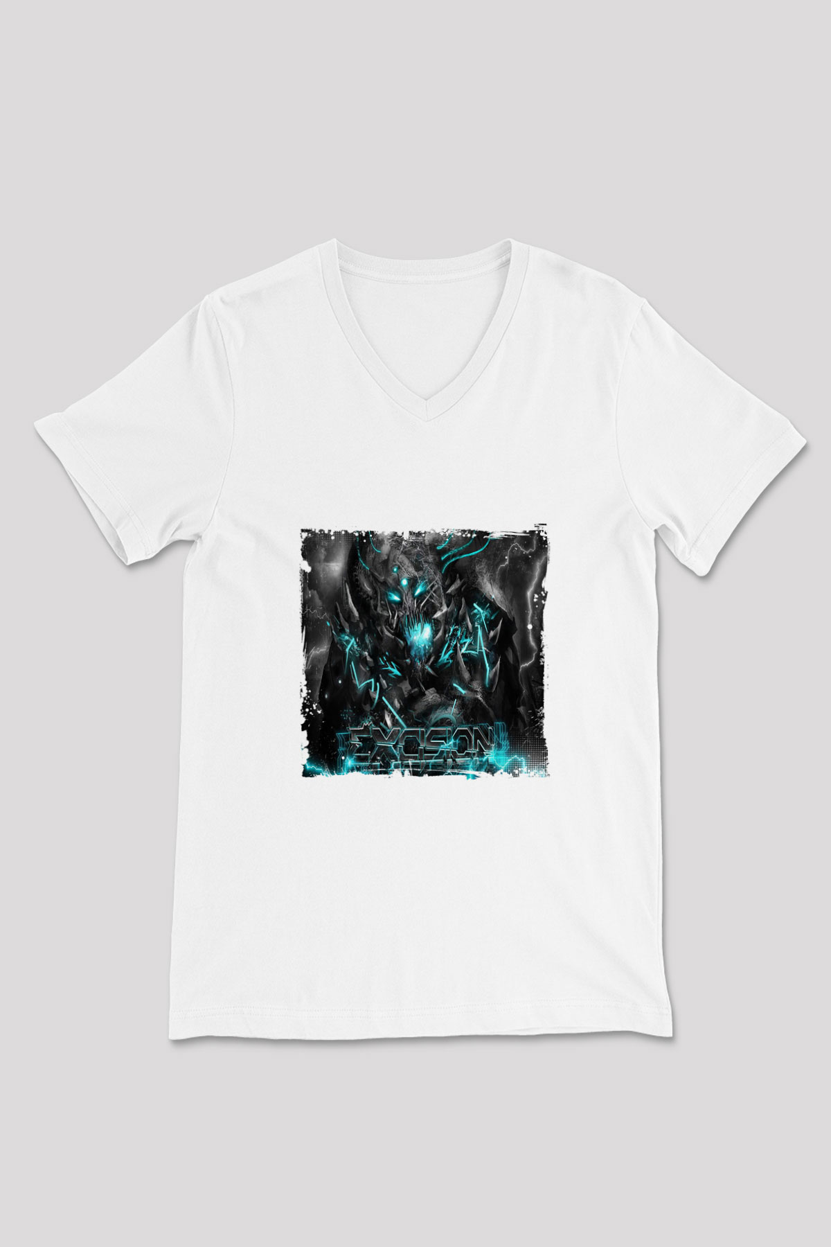 Excision Baskılı Beyaz V Yaka Unisex Tişört