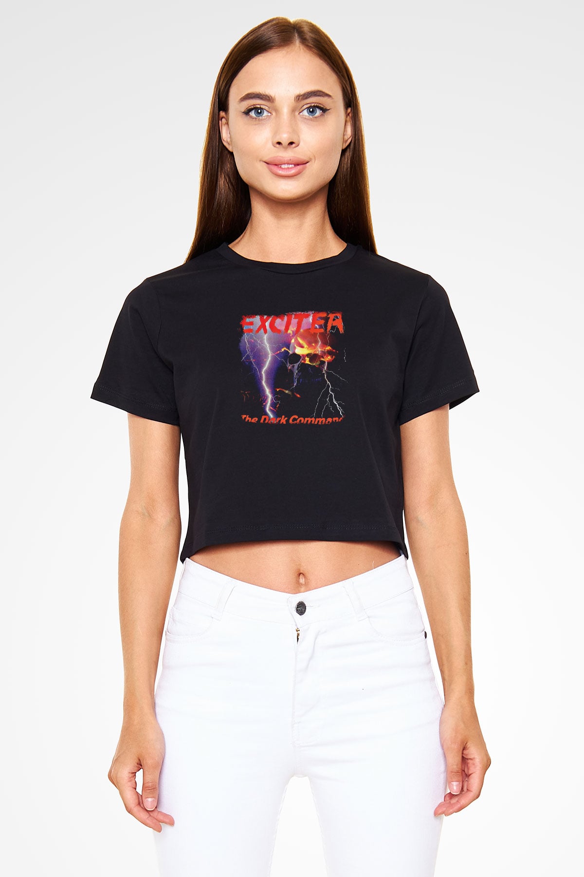 Exciter Baskılı Unisex Siyah Crop Top Tişört