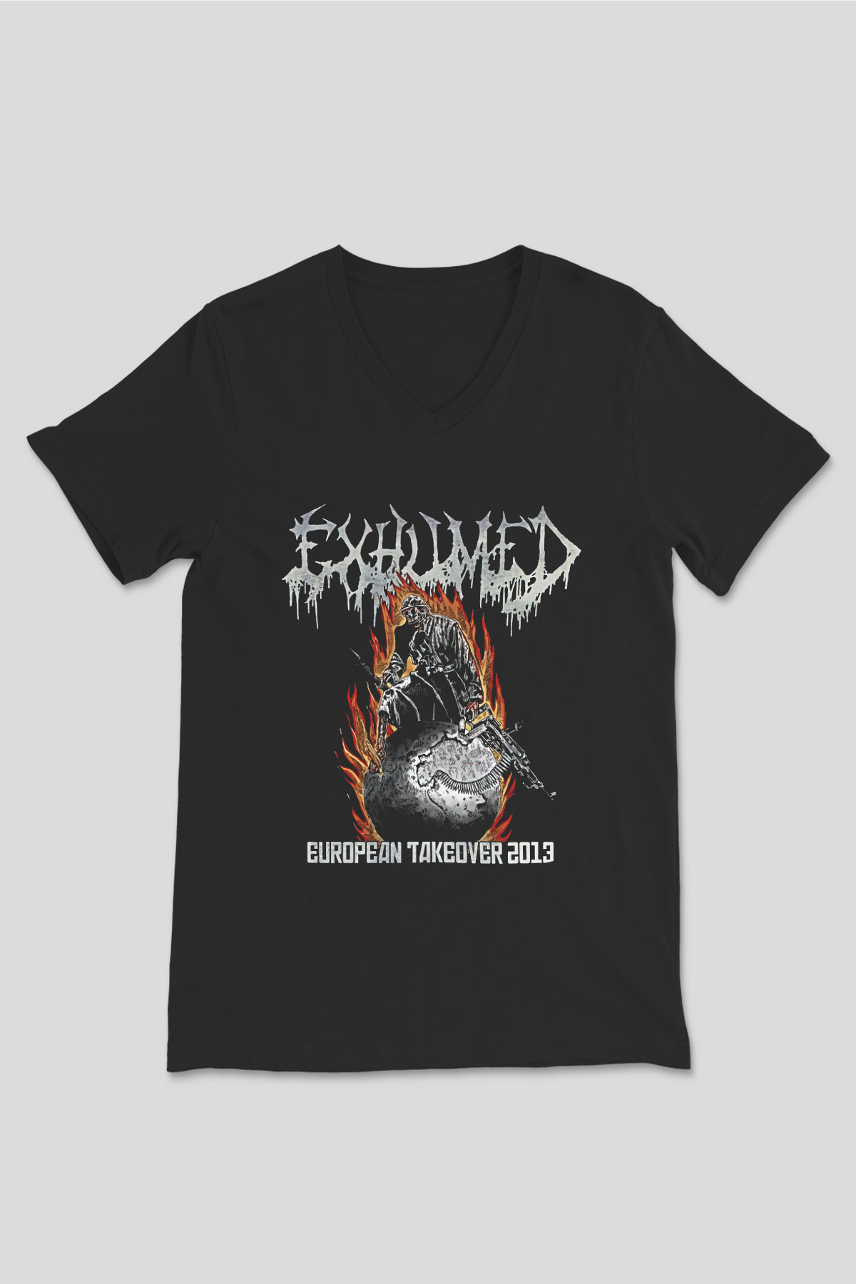 Exhumed Baskılı Unisex Siyah V Yaka Tişört - Tshirt