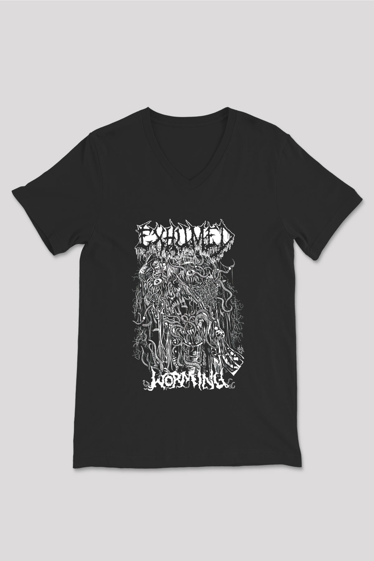 Exhumed Baskılı Unisex Siyah V Yaka Tişört - Tshirt