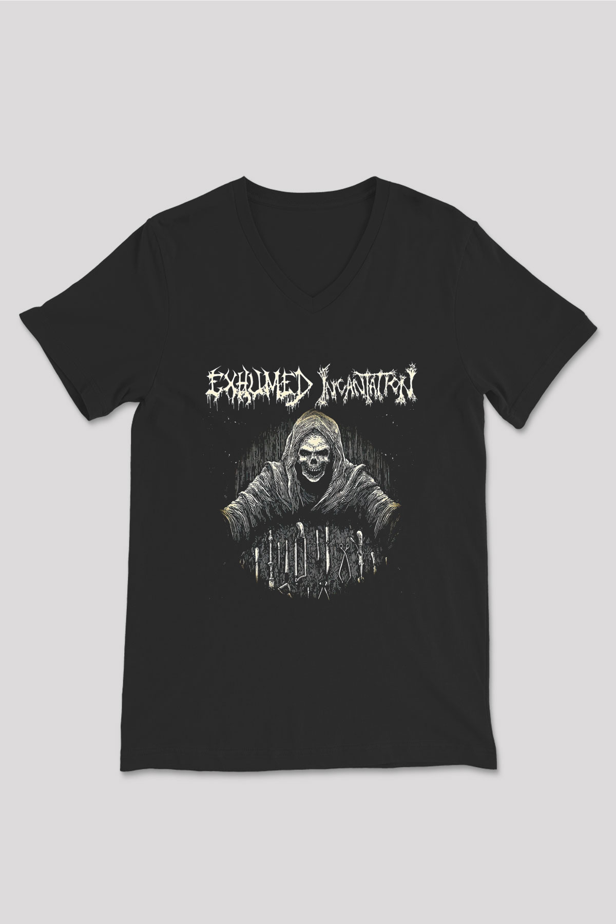 Exhumed Baskılı Unisex Siyah V Yaka Tişört - Tshirt