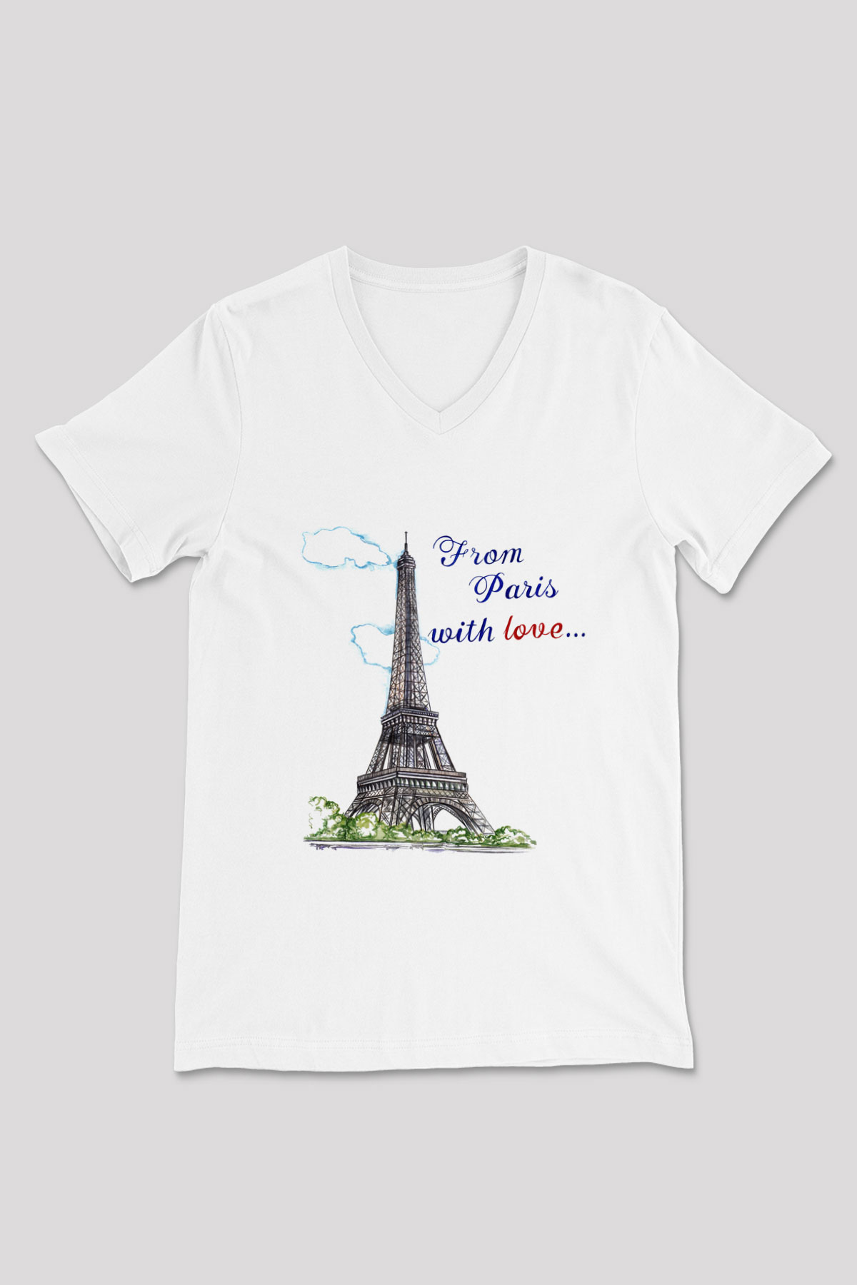 Eyfel Kulesi Beyaz Unisex V Yaka Tişört T-Shirt
