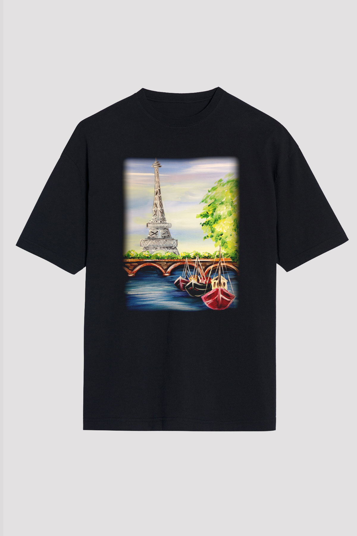 Eyfel Kulesi Siyah Unisex Oversize Tişört T-Shirt