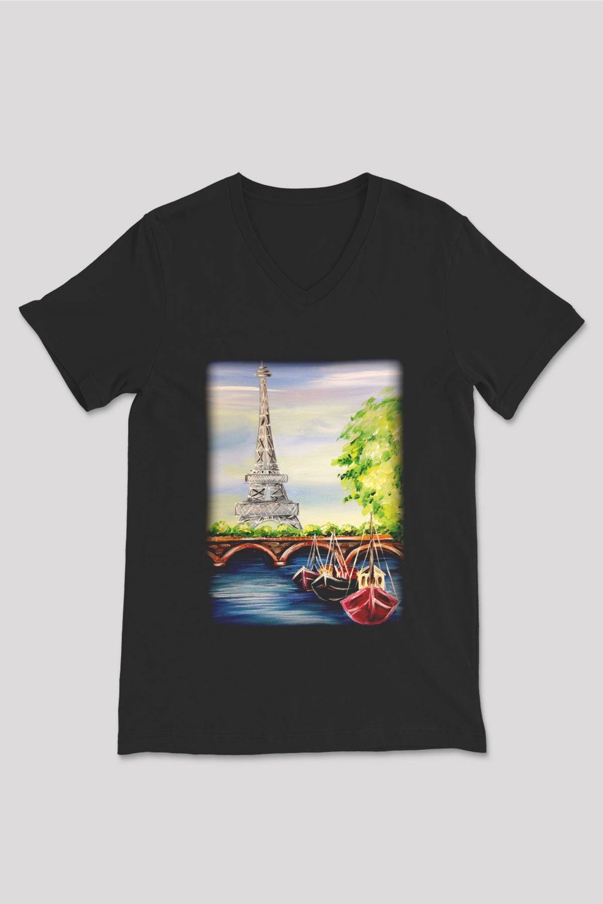 Eyfel Kulesi Siyah Unisex V Yaka Tişört T-Shirt