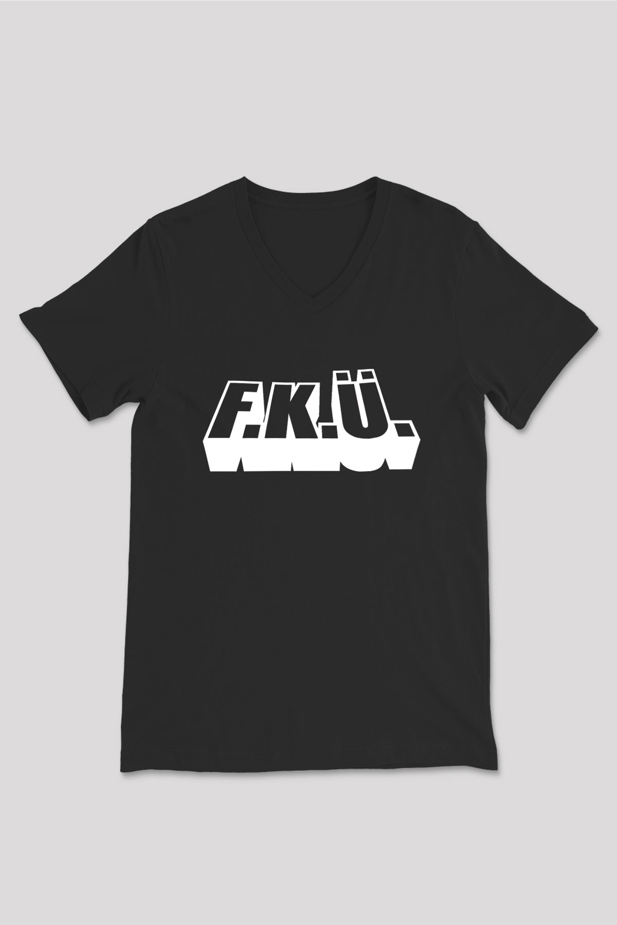 F.K.Ü Baskılı Unisex Siyah V Yaka Tişört - Tshirt