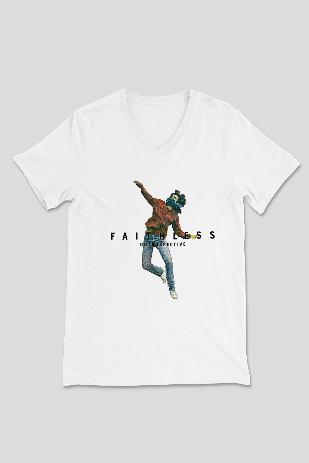 Faithless Baskılı Beyaz Unisex V Yaka Tişört - Tshirt