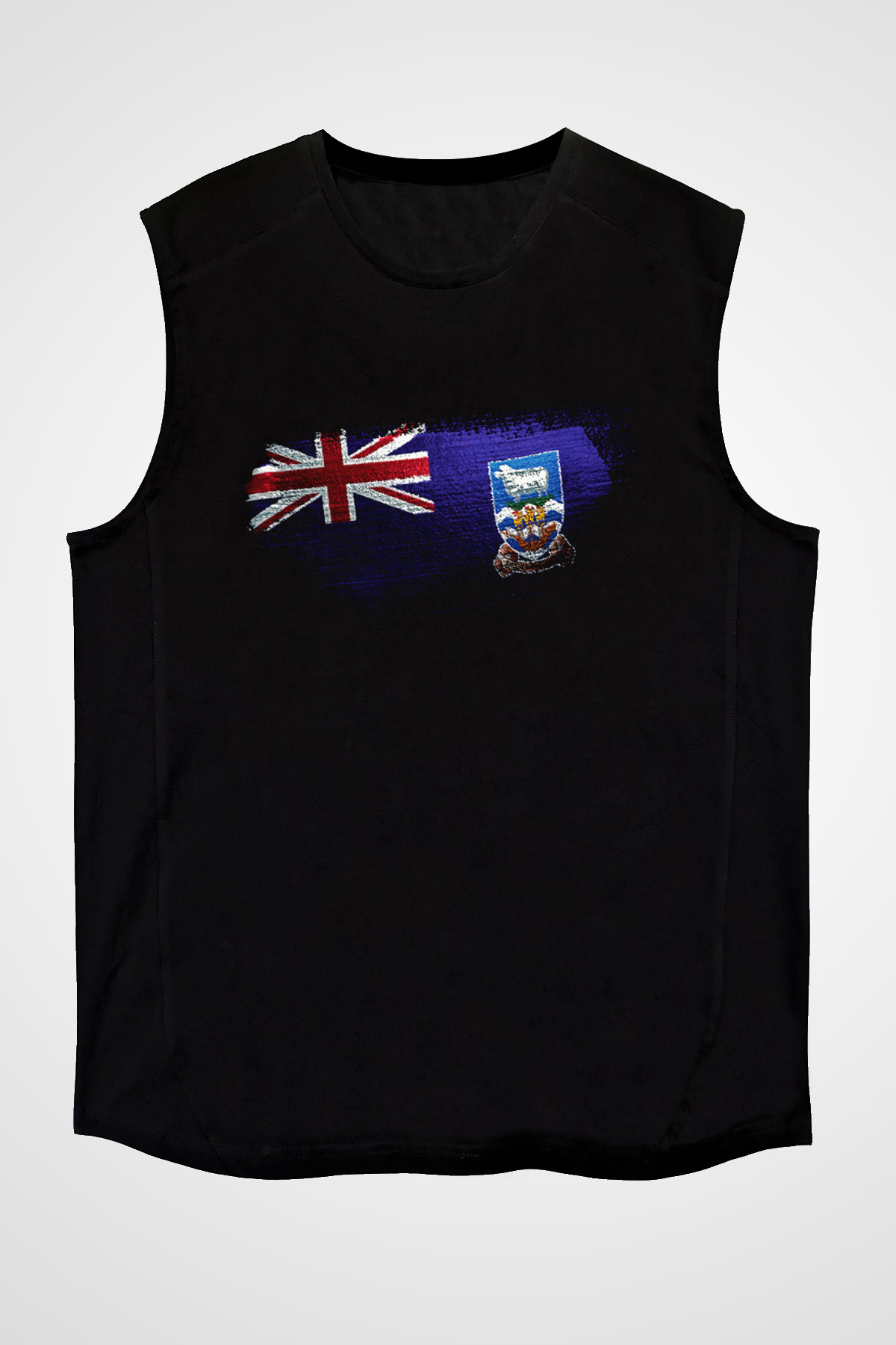 Falkland İslands Bayrağı Baskılı Unisex Siyah Kolsuz Tişört