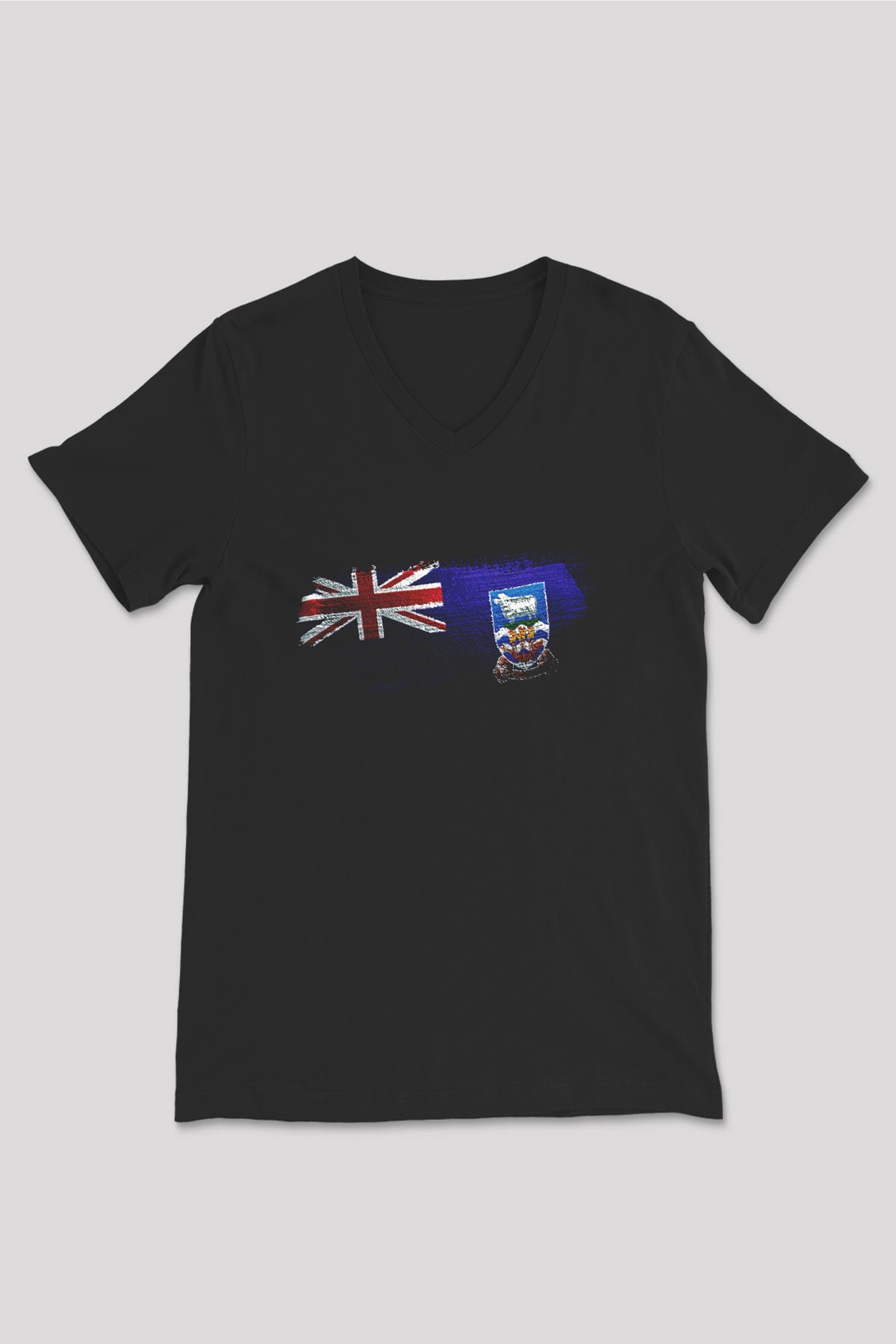 Falkland İslands Bayrağı Baskılı Unisex Siyah V Yaka Tişört