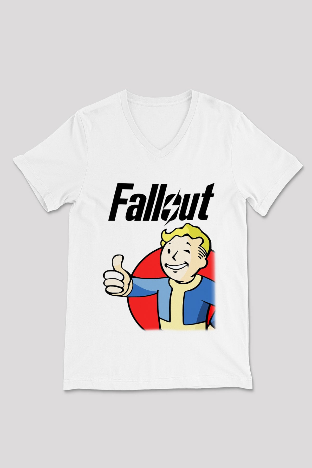 Fallout Beyaz Unisex V Yaka Tişört T-Shirt