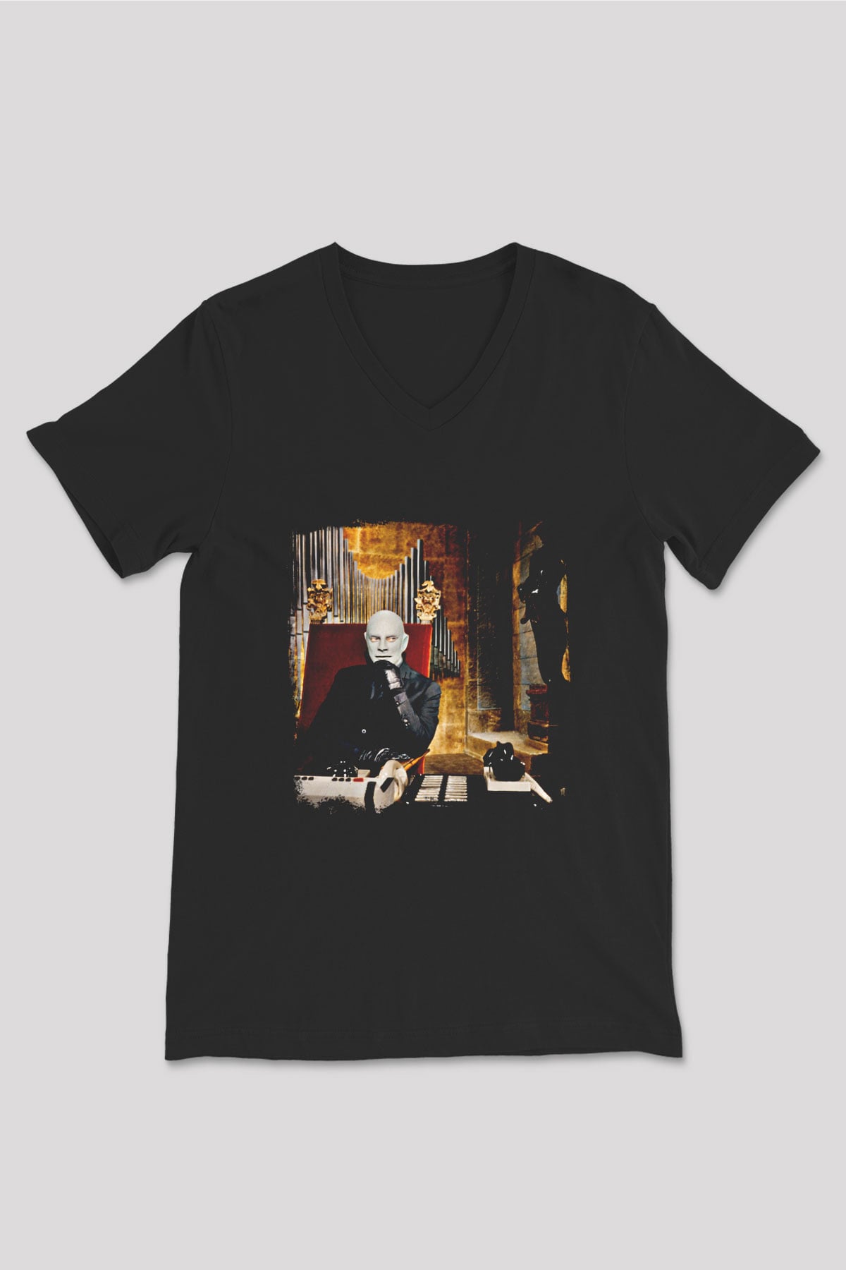 Fantomas Baskılı Unisex Siyah V Yaka Tişört