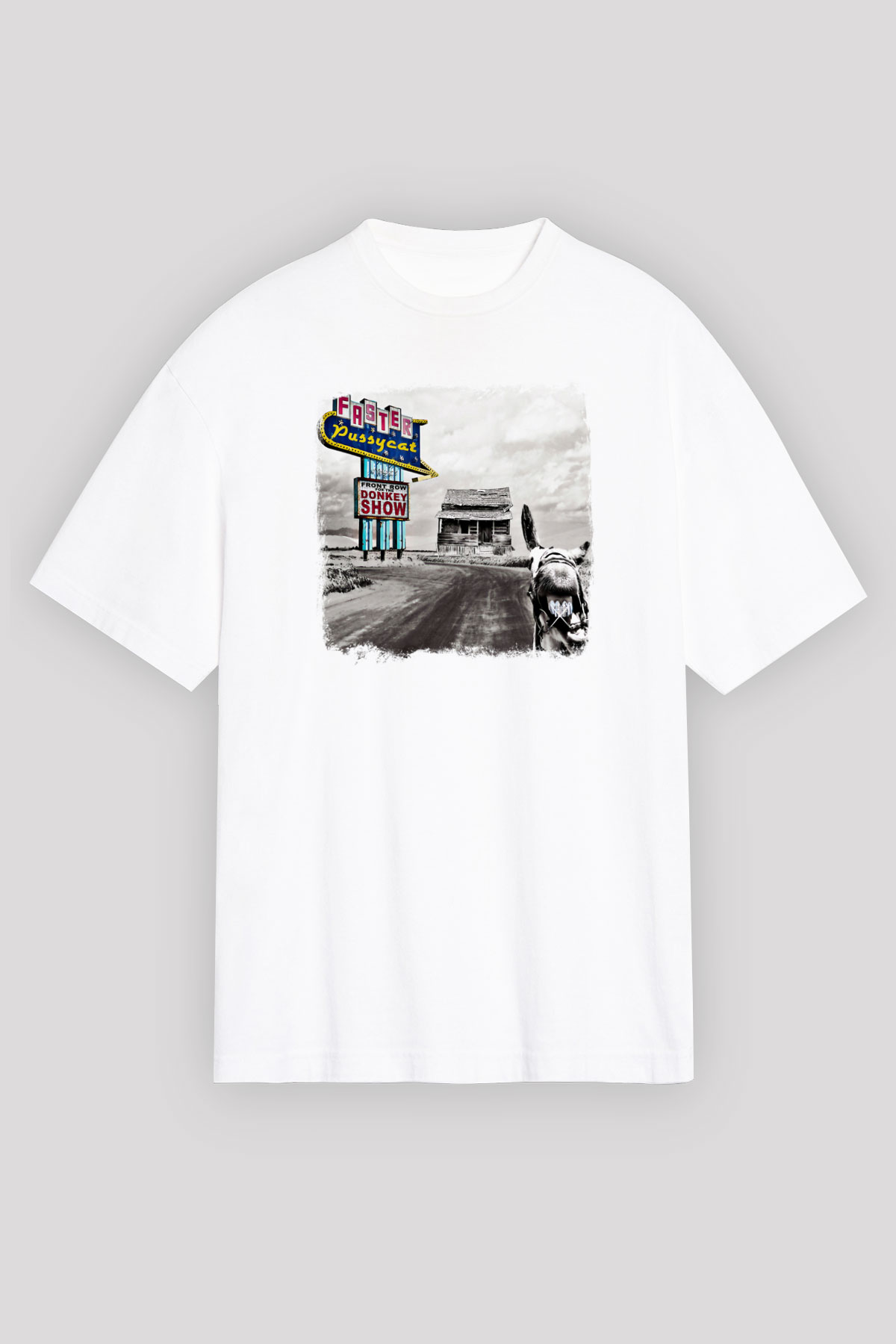 Faster Pussycat Baskılı Unisex Beyaz Oversize Tişört