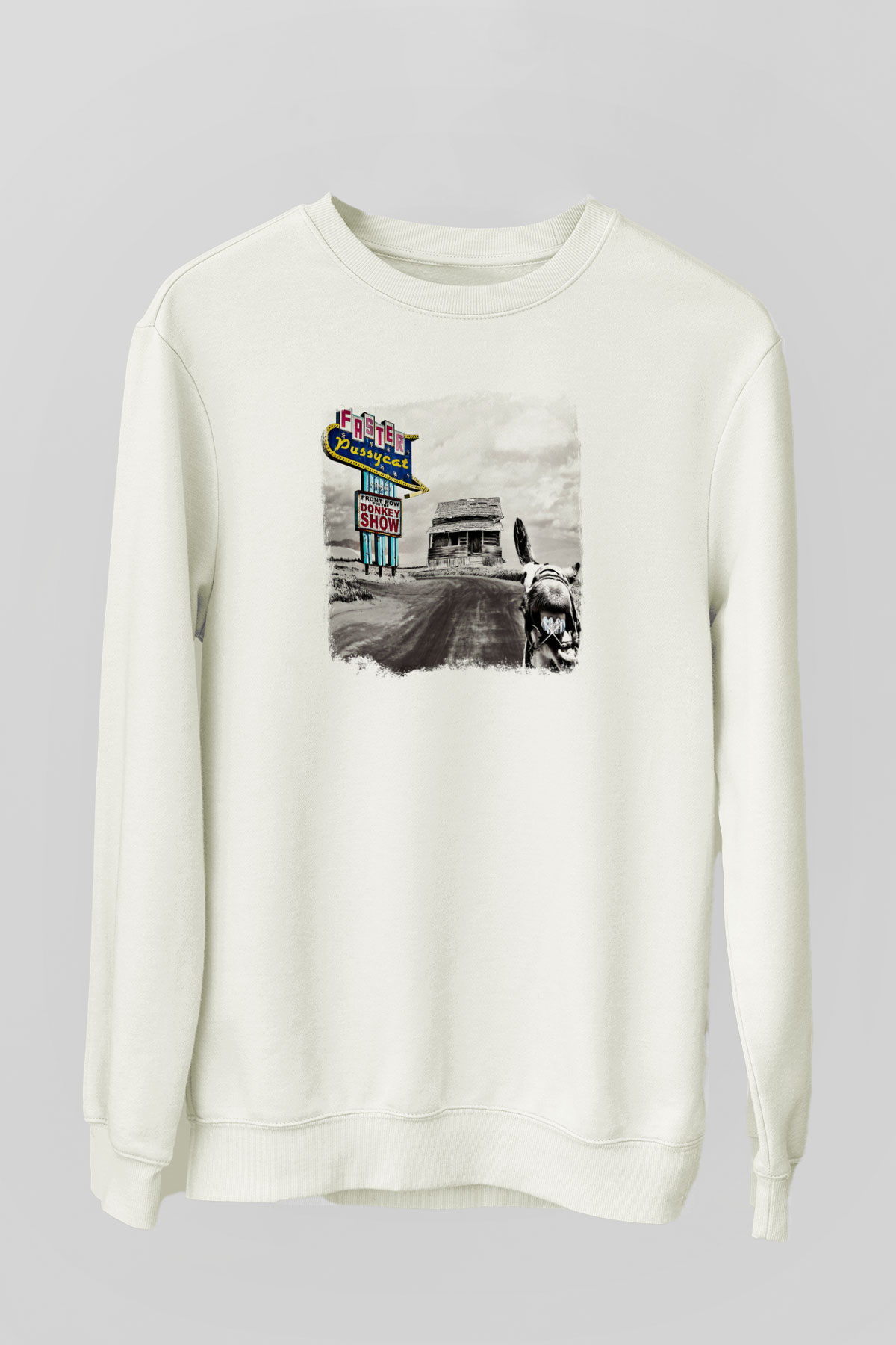 Faster Pussycat Baskılı Unisex Beyaz Sweatshirt
