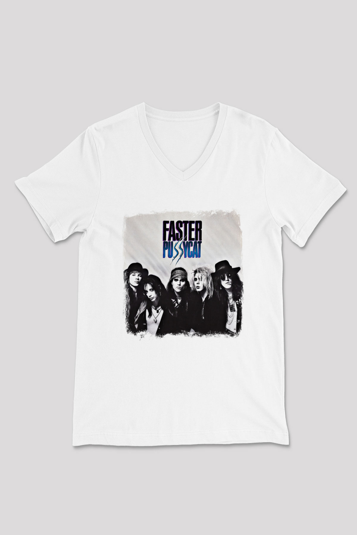 Faster Pussycat Baskılı Unisex Beyaz V Yaka Tişört