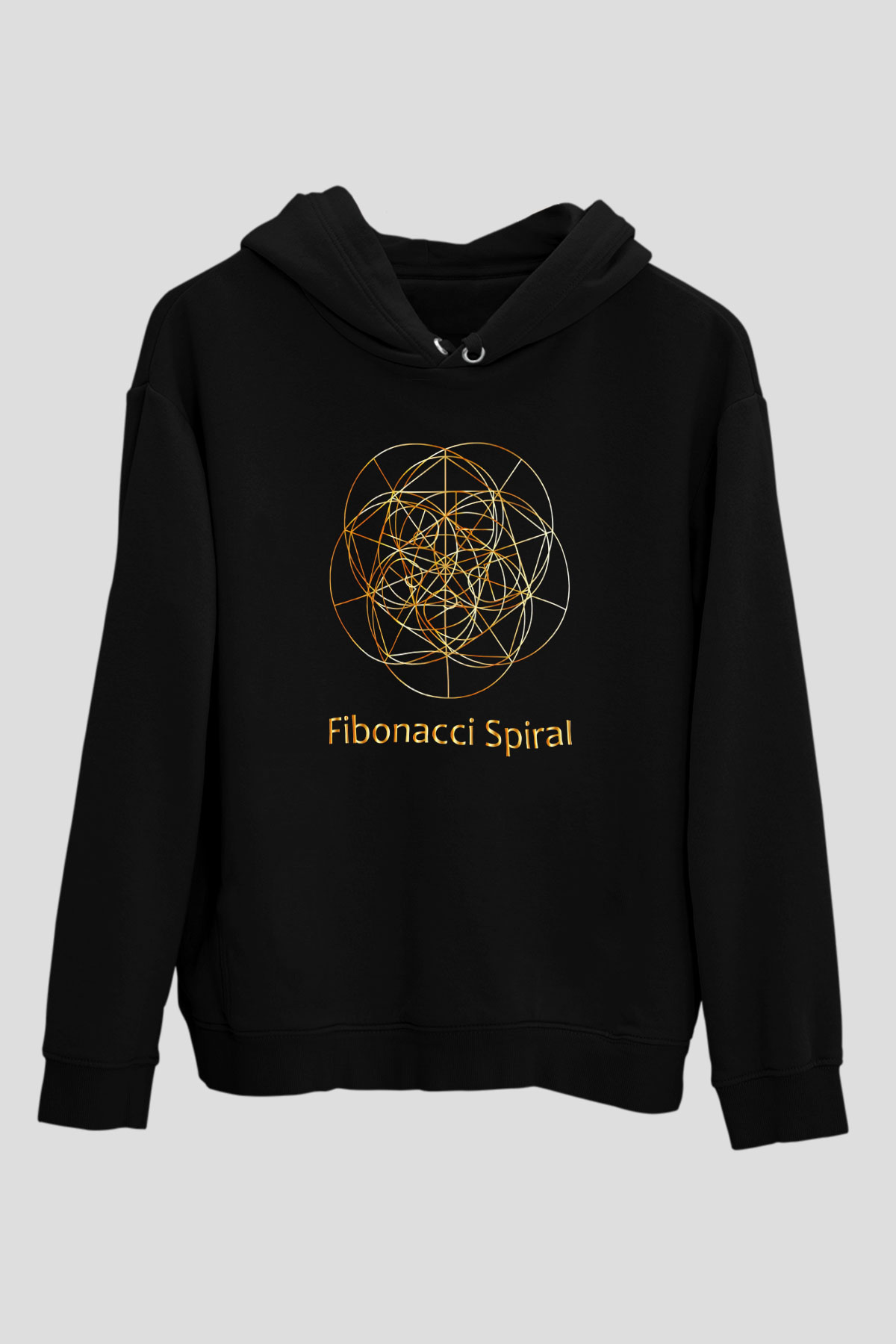 Fibonacci Spirali Baskılı Unisex Siyah Hoodie