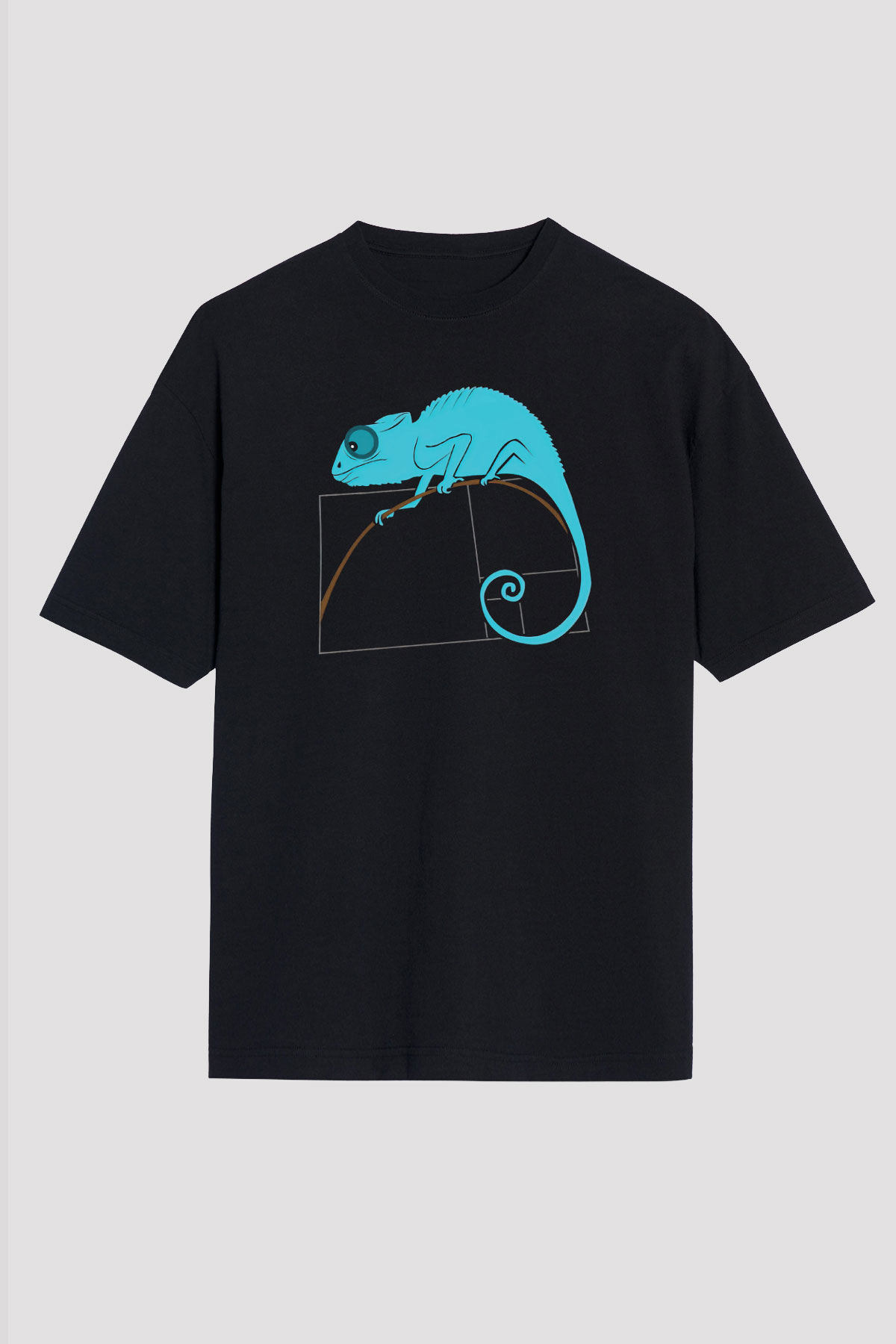 Fibonacci Spirali Bukalemun Baskılı Unisex Oversize Tişört - Tshirt