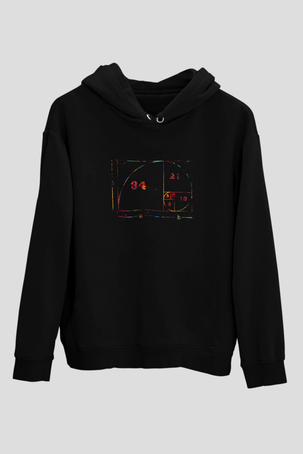 Fibonacci Spirali Renkli Baskılı Unisex Siyah Hoodie