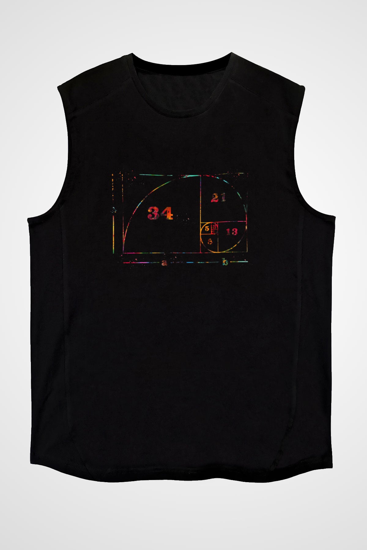 Fibonacci Spirali Renkli Baskılı Unisex Kolsuz Siyah Tişört - Tshirt