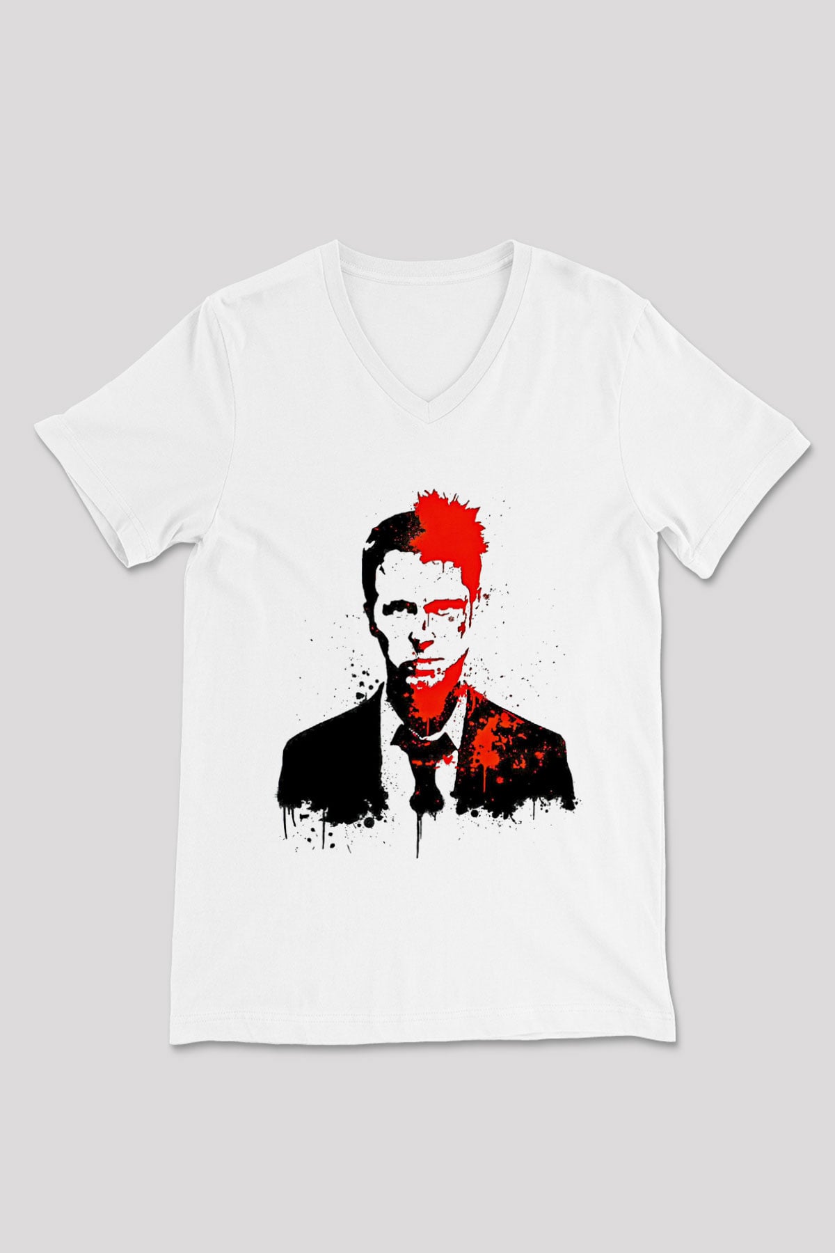 Fight Club (Tyler Durden) Baskılı Beyaz Unisex V Yaka Tişört - Tshirt
