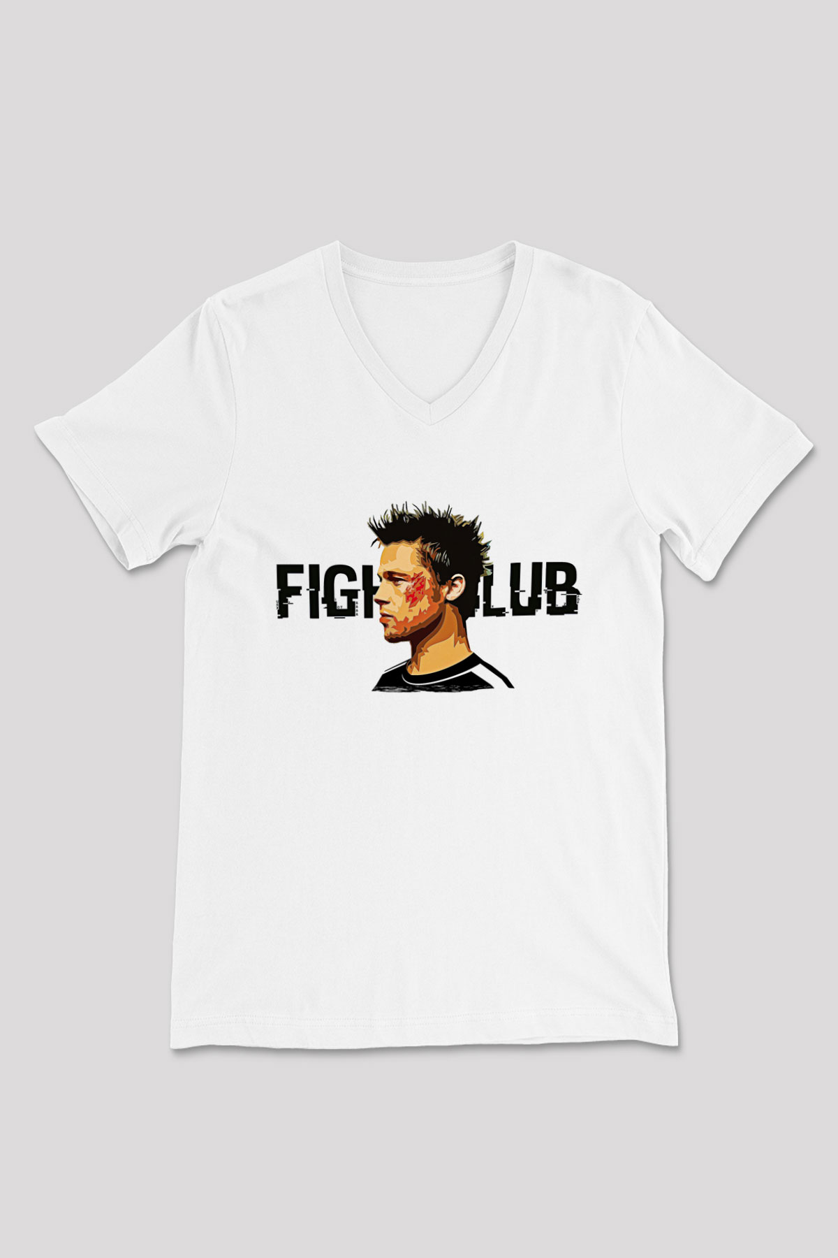 Fight Club (Tyler Durden) Baskılı Beyaz Unisex V Yaka Tişört - Tshirt