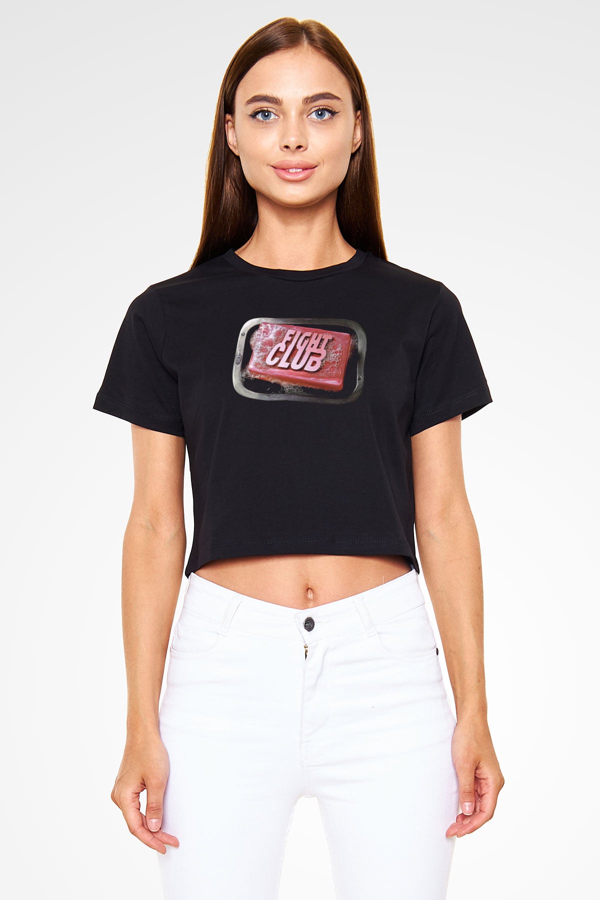 Fight Club (Tyler Durden) Baskılı Siyah Crop Top Kadın Tişört - Tshirt