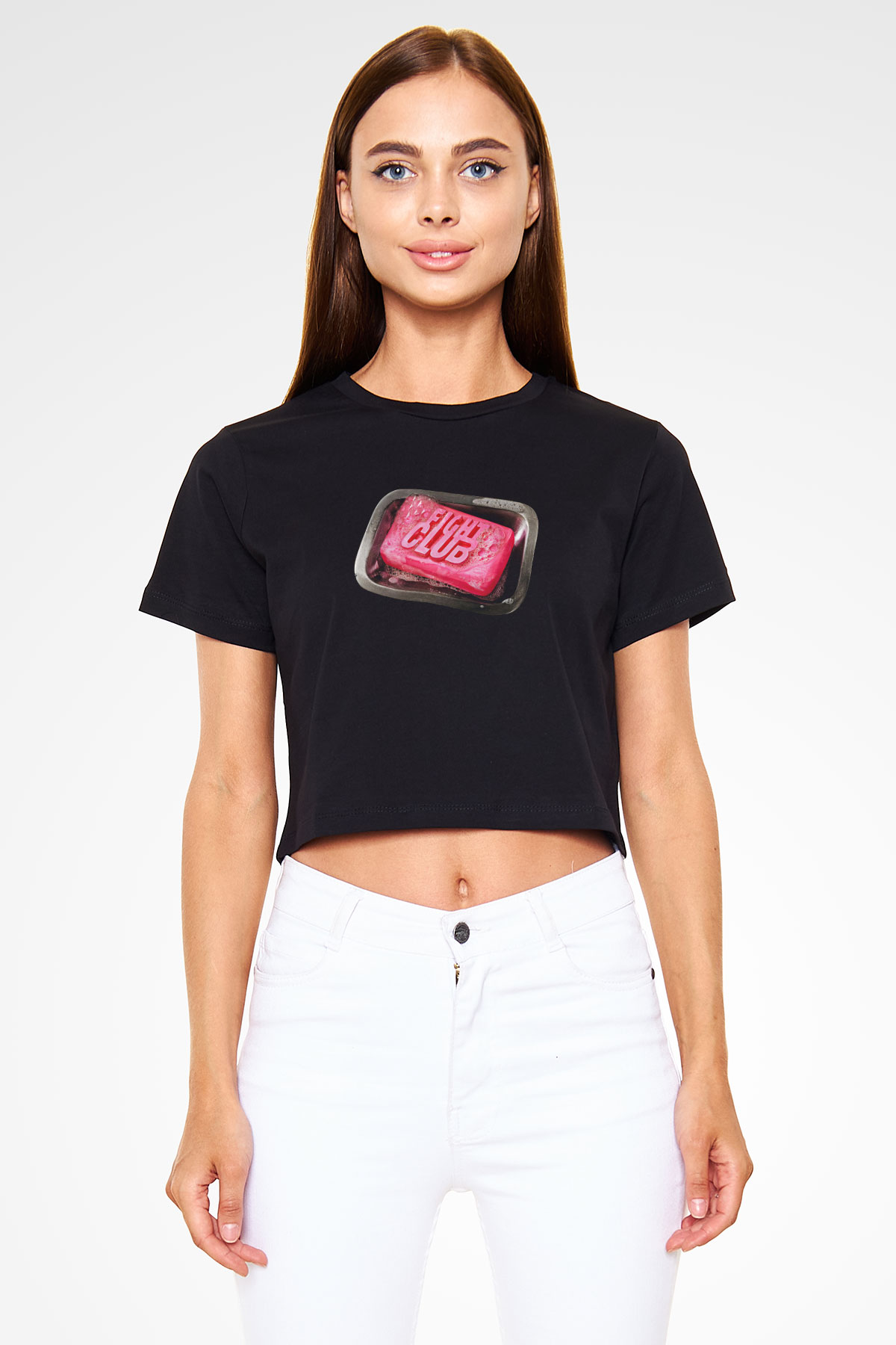 Fight Club (Tyler Durden) Baskılı Siyah Crop Top Kadın Tişört - Tshirt