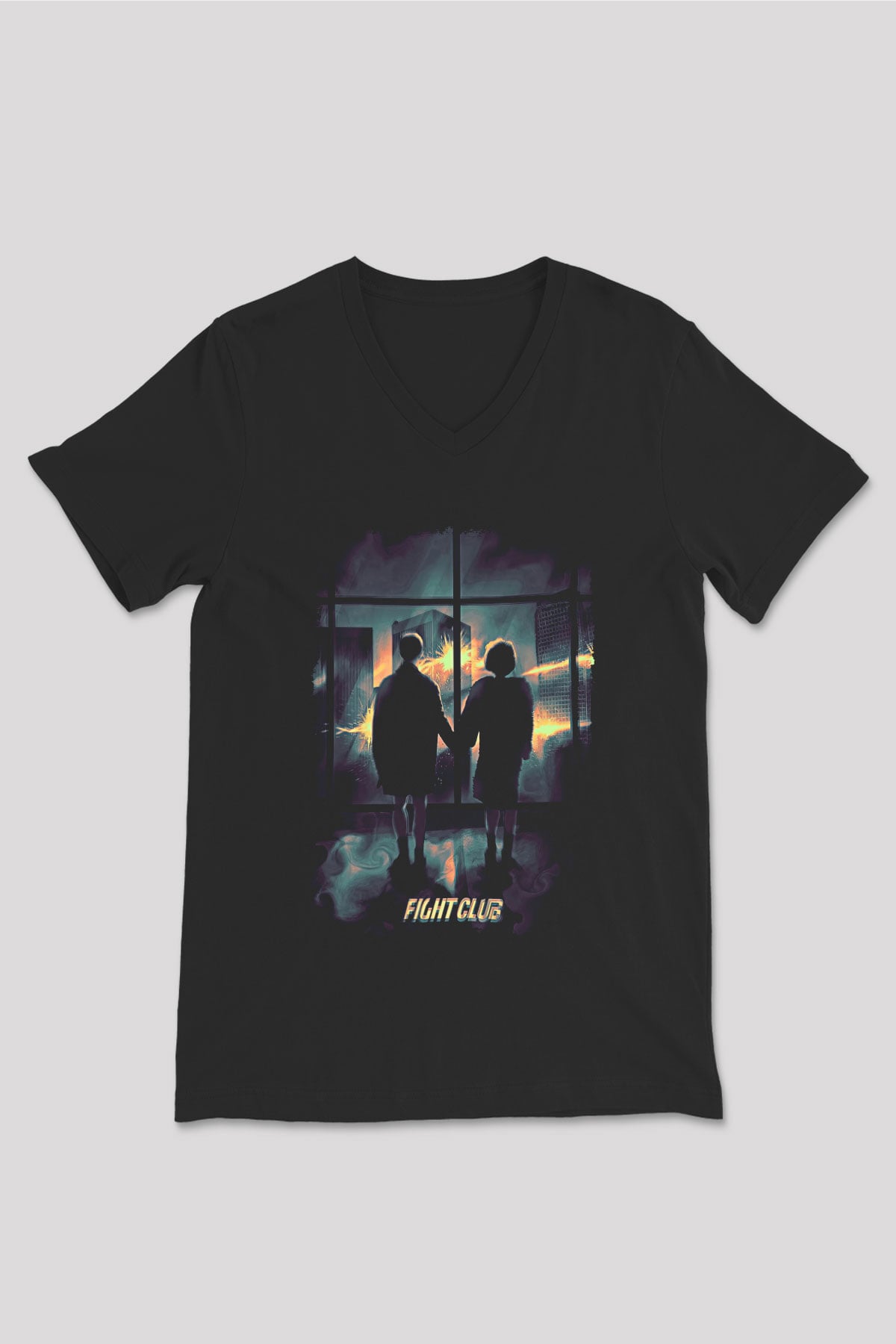 Fight Club (Tyler Durden) Baskılı Unisex Siyah V Yaka Tişört - Tshirt
