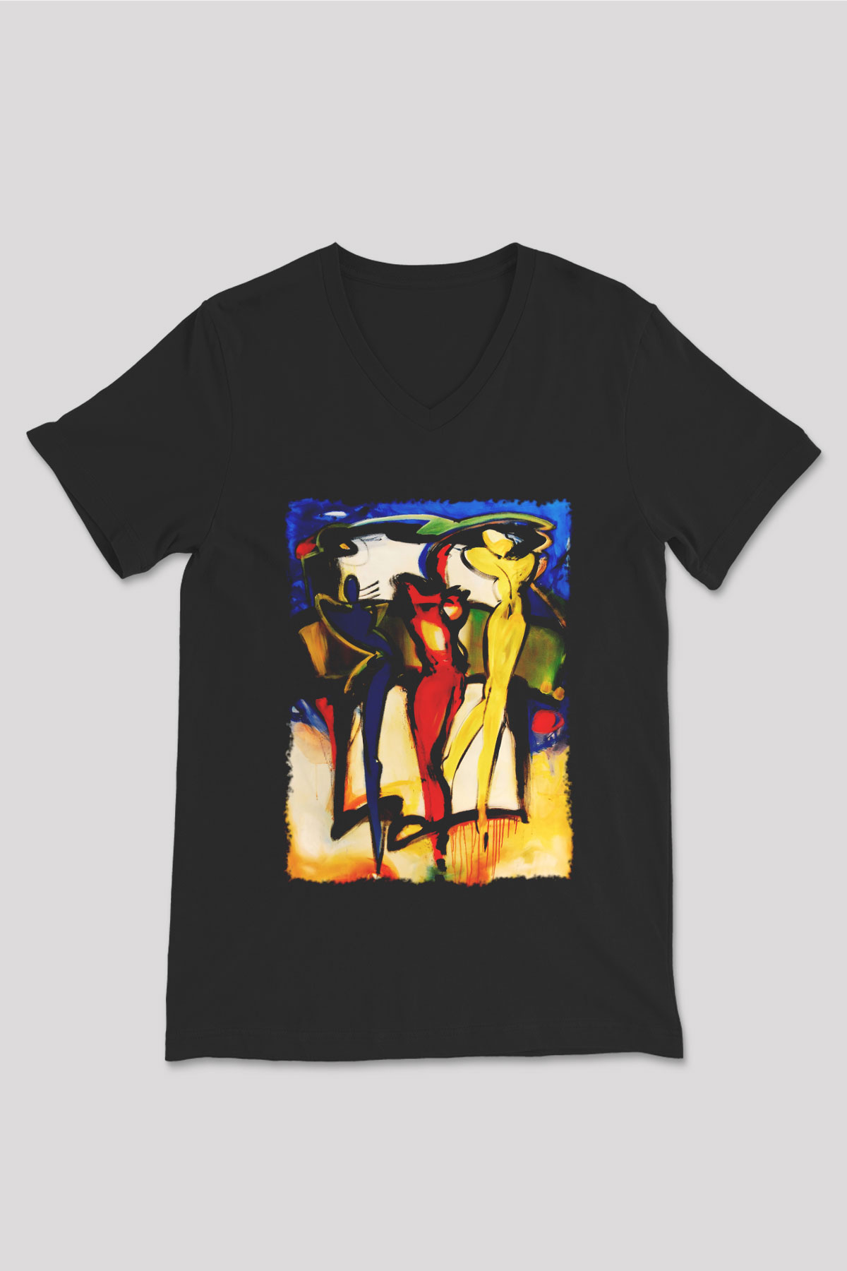 Figür Siyah Unisex V Yaka Tişört T-Shirt