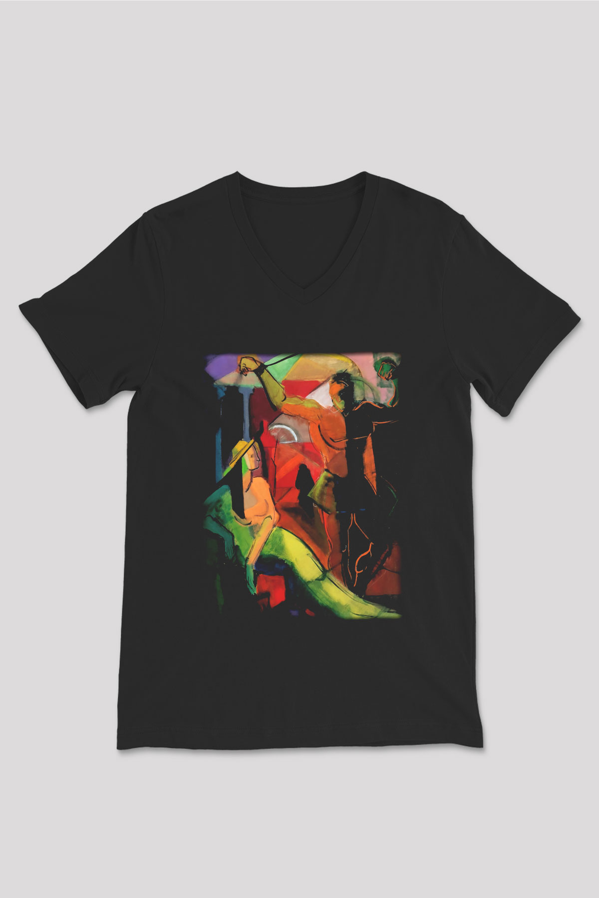 Figür Siyah Unisex V Yaka Tişört T-Shirt