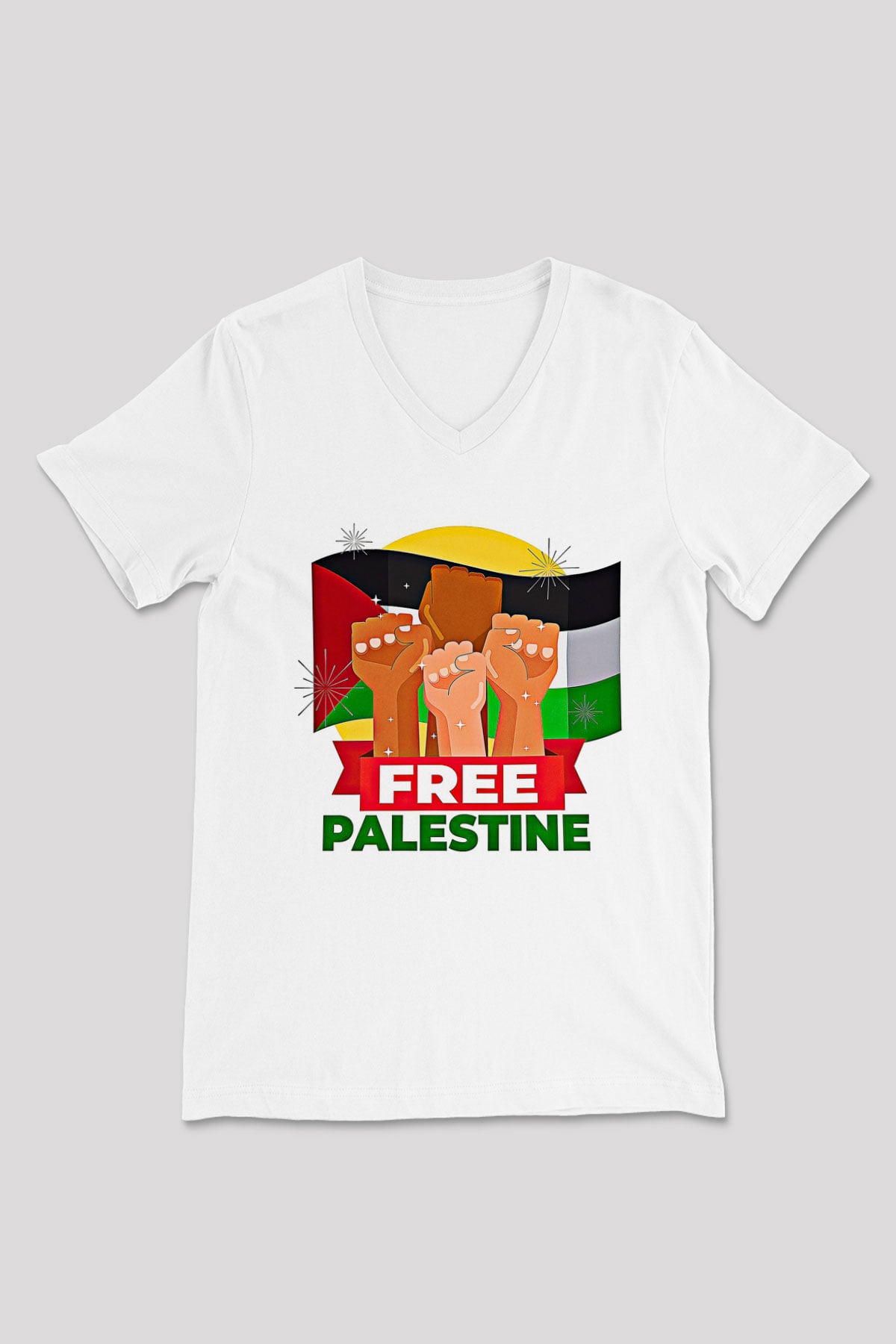 Filistin Baskılı Beyaz Unisex V Yaka Tişört - Tshirt