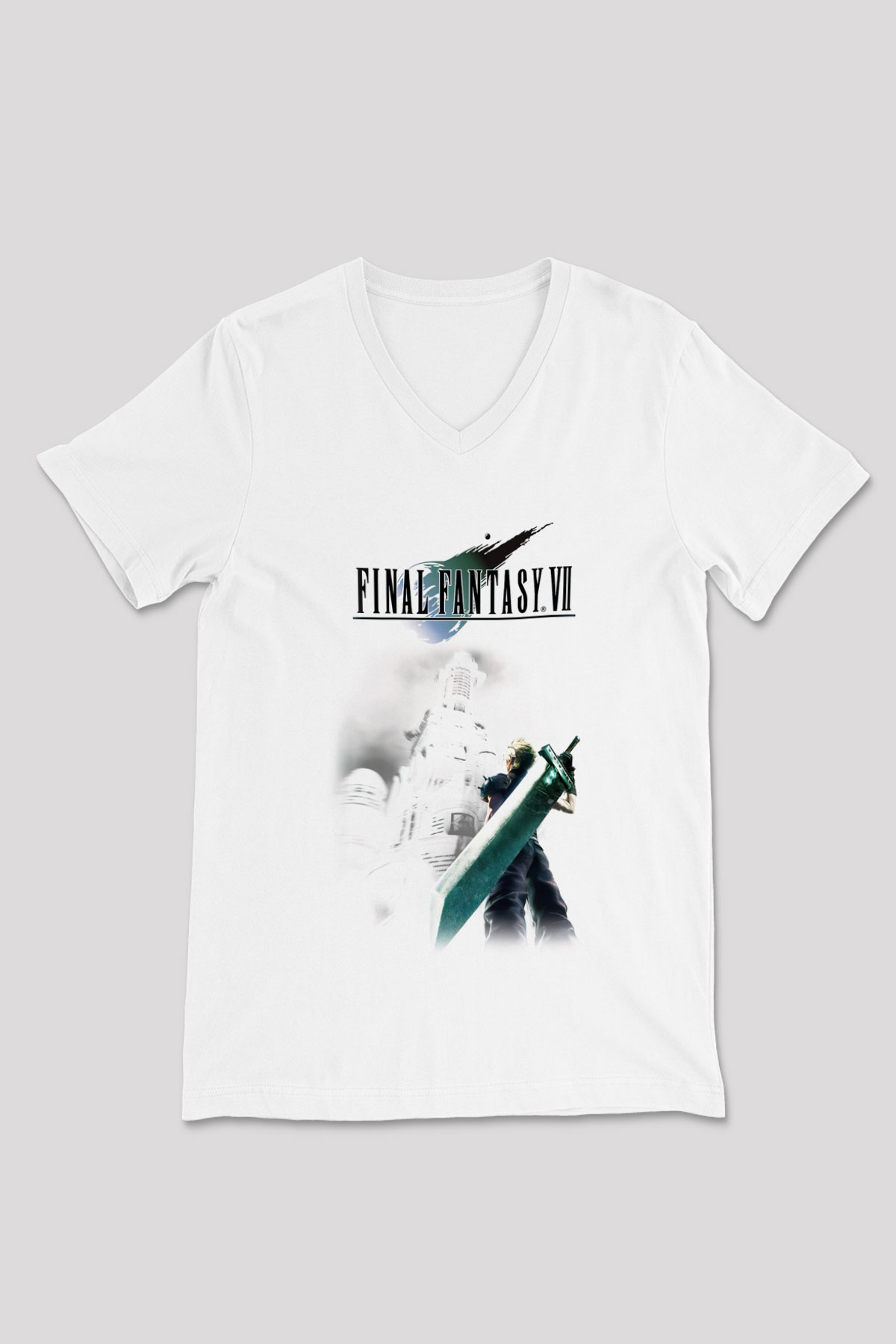 Final Fantasy Beyaz Unisex V Yaka Tişört