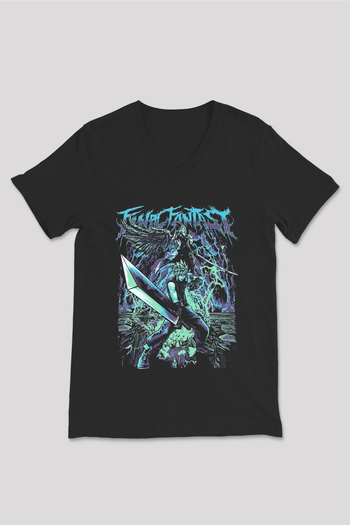 Final Fantasy Siyah Unisex V Yaka Tişört