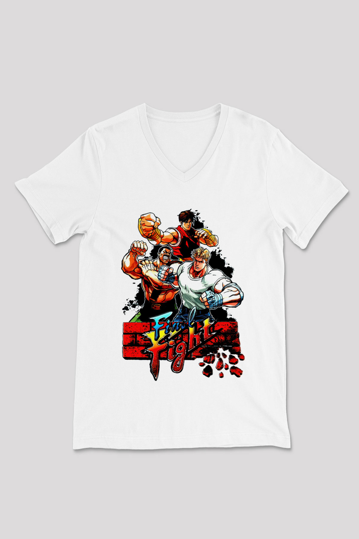 Final Fight Beyaz Unisex  V Yaka Tişört