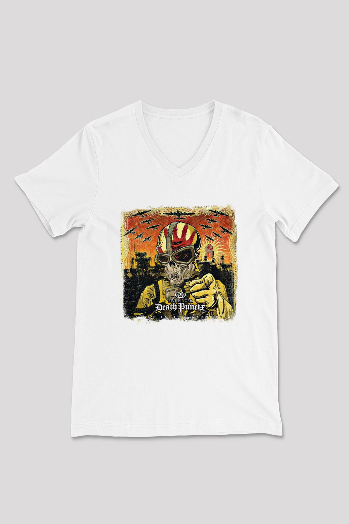 Five Finger Death Punch Baskılı Unisex Beyaz V Yaka Tişört