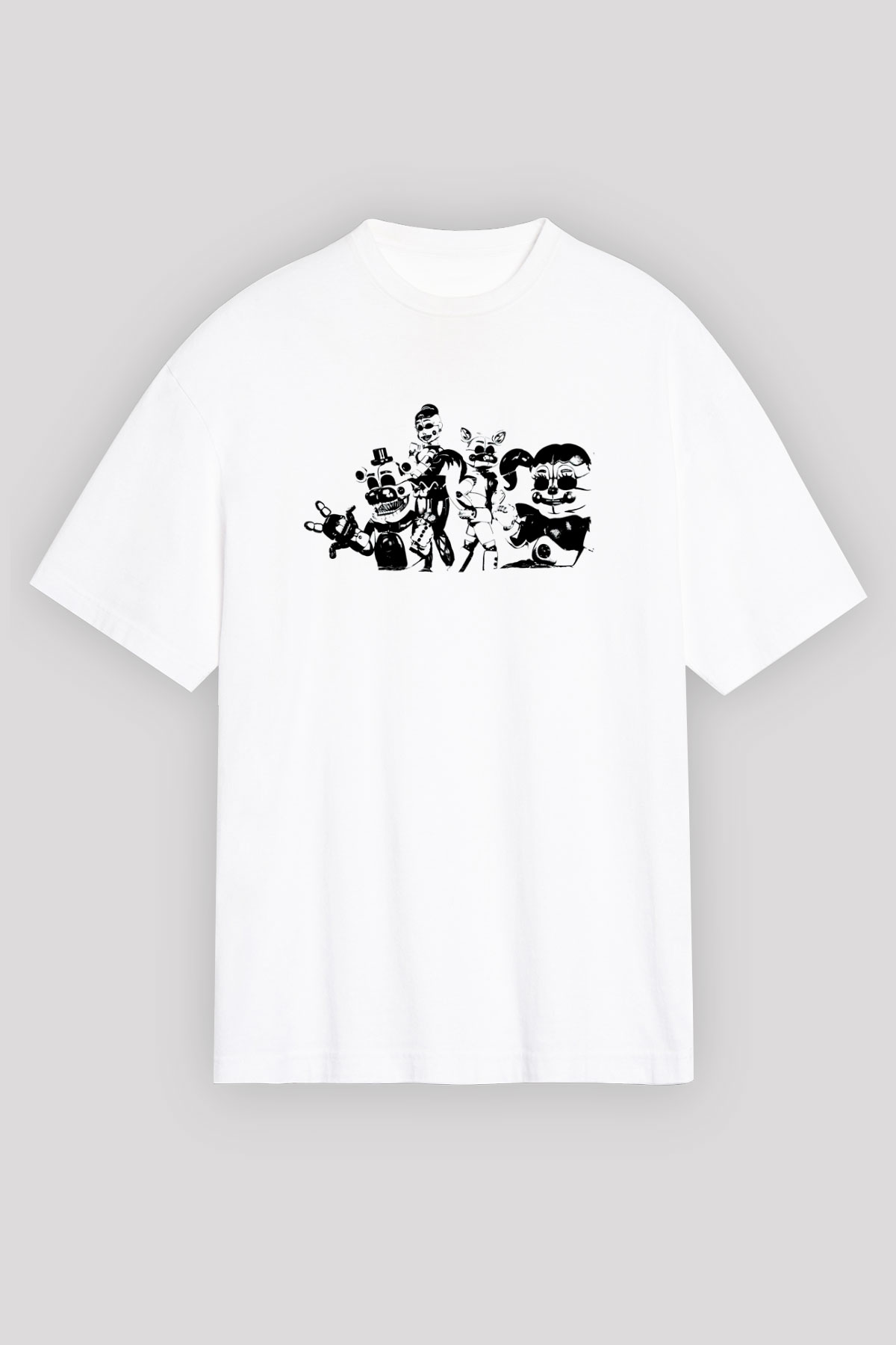 Five Nights At Freddy Baskılı Beyaz Unisex Oversize Tişört - Tshirt