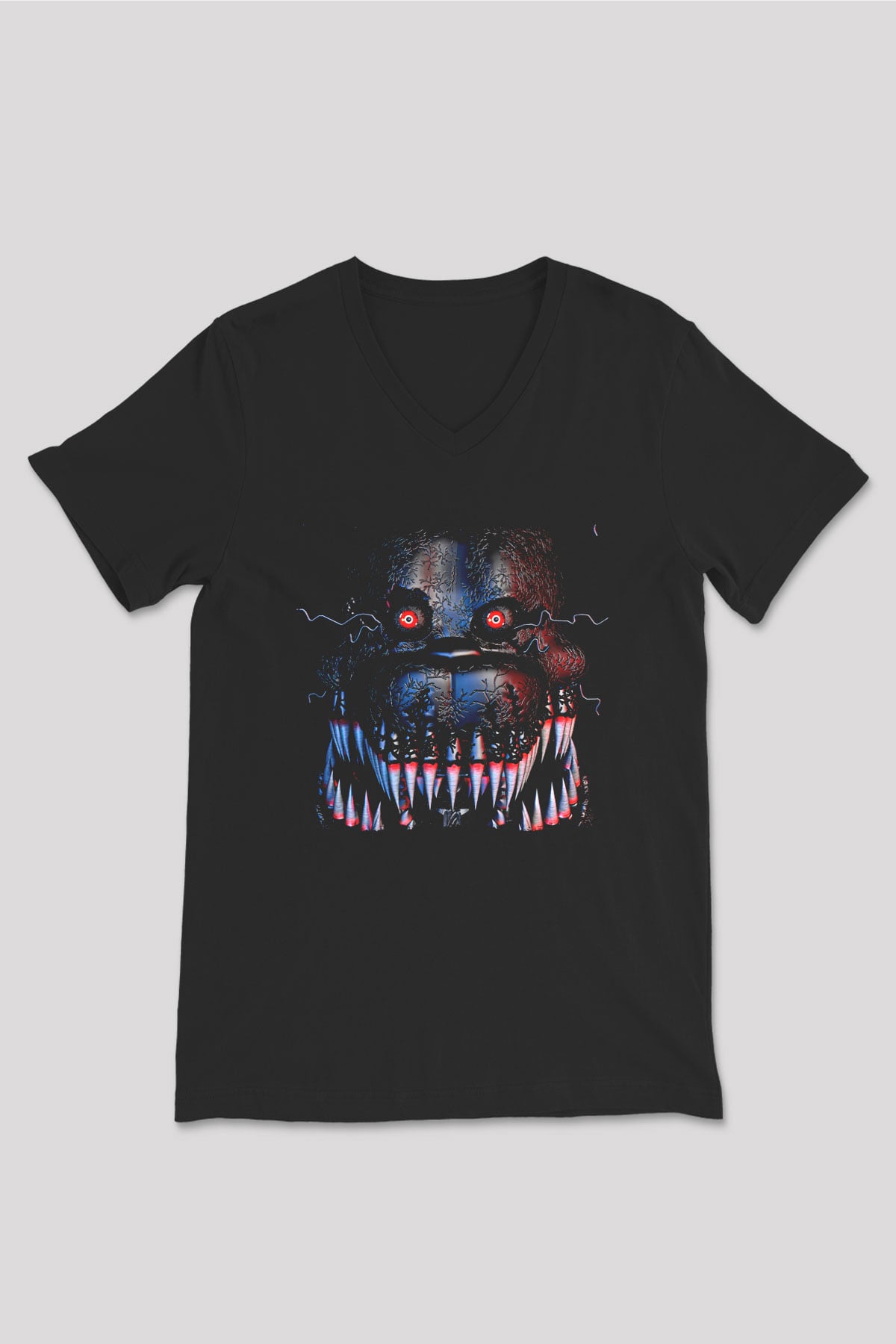Five Nights At Freddy Baskılı Unisex Siyah V Yaka Tişört - Tshirt