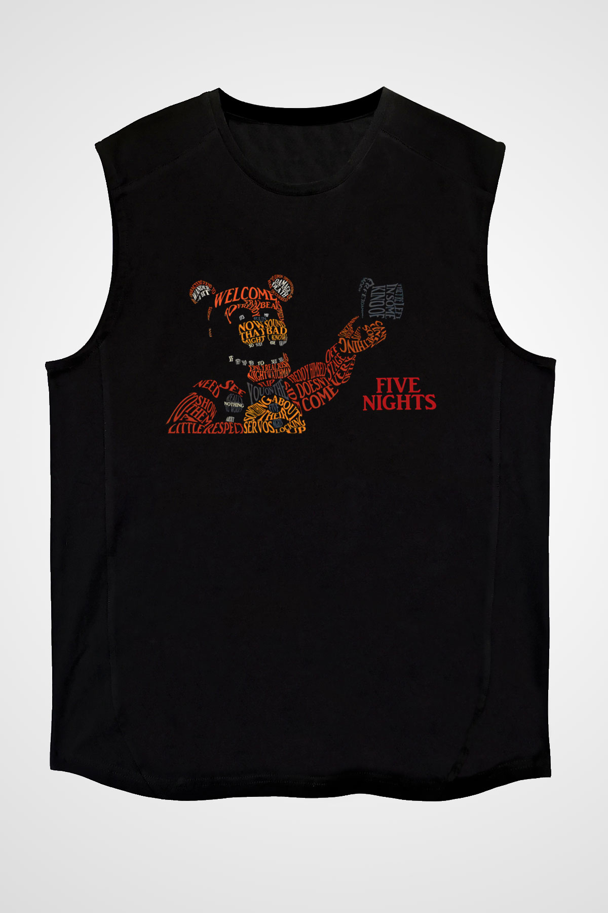 Five Nights At Freddy Baskılı Unisex Siyah Kolsuz Tişört - Tshirt