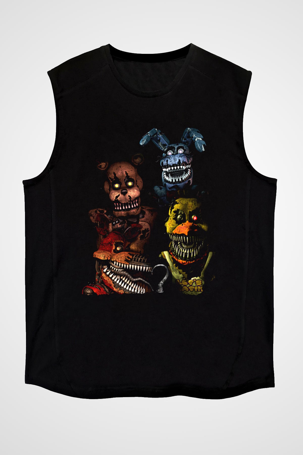 Five Nights At Freddy Baskılı Unisex Siyah Kolsuz Tişört - Tshirt