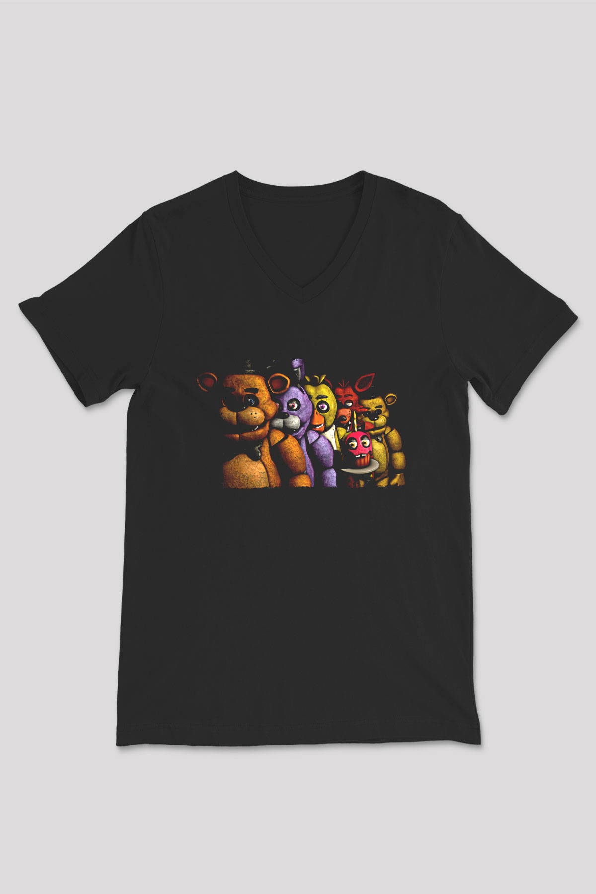Five Nights At Freddy Baskılı Unisex Siyah V Yaka Tişört - Tshirt