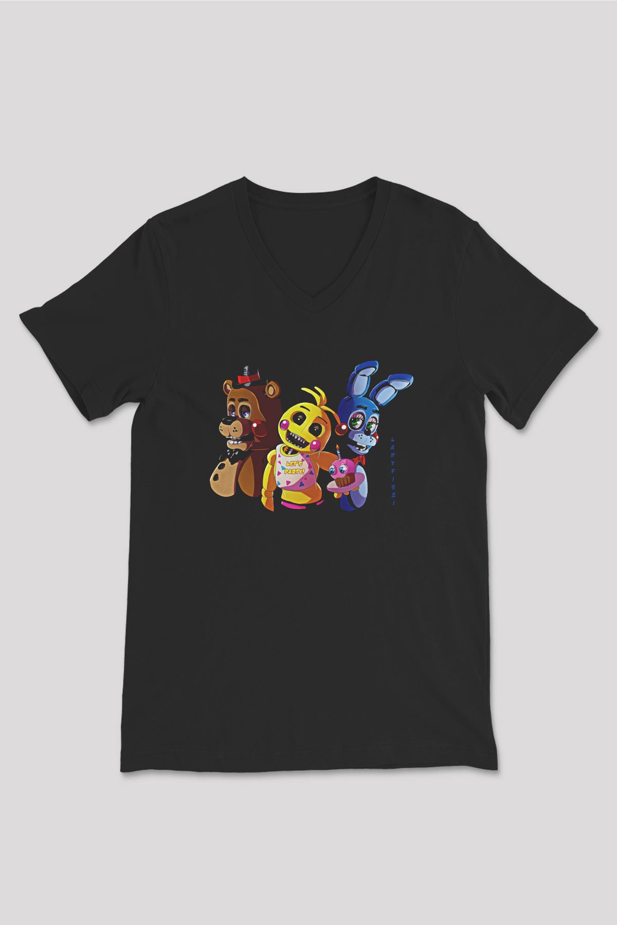 Five Nights At Freddy Baskılı Unisex Siyah V Yaka Tişört - Tshirt