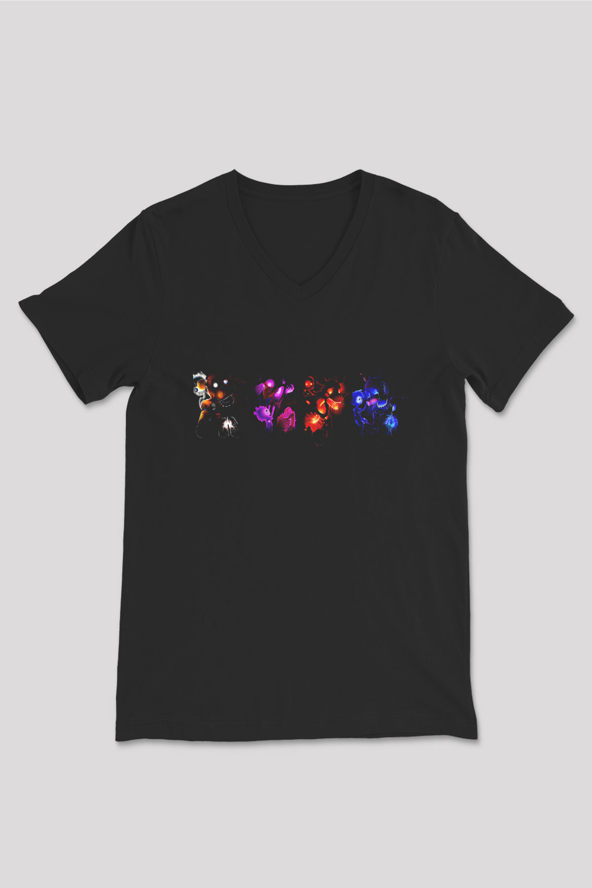 Five Nights At Freddy Baskılı Unisex Siyah V Yaka Tişört - Tshirt