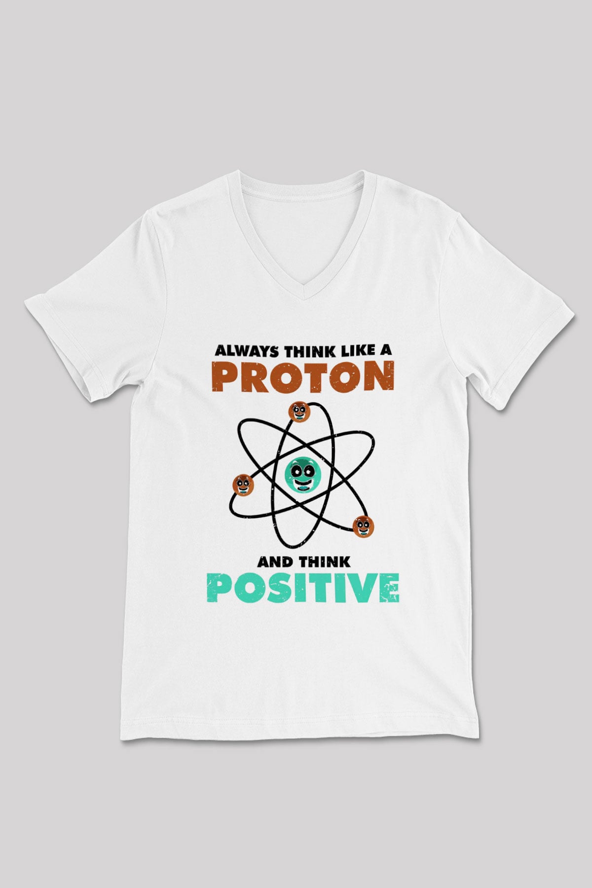 Fizik Atom Proton Pozitif Baskılı Unisex V Yaka Beyaz Tişört - Tshirt