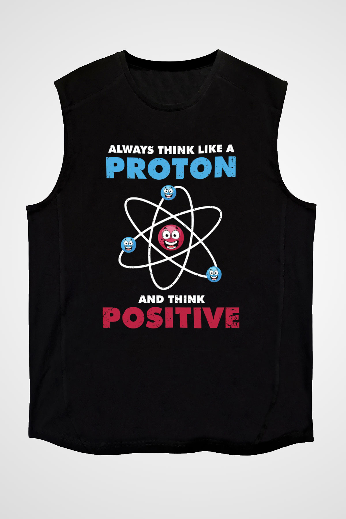 Fizik Atom Proton Pozitif Baskılı Unisex Kolsuz Siyah Tişört - Tshirt