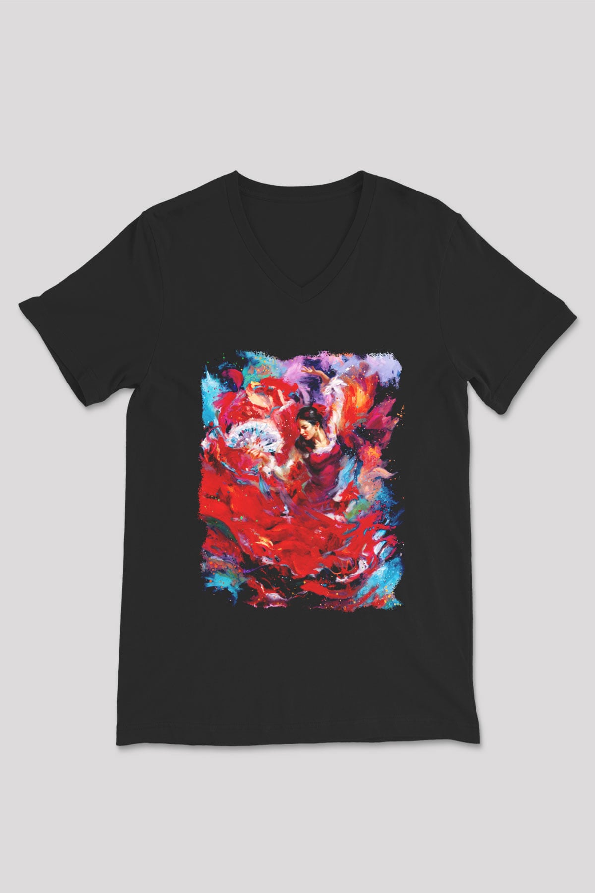 Flamenko Siyah Unisex V Yaka Tişört T-Shirt
